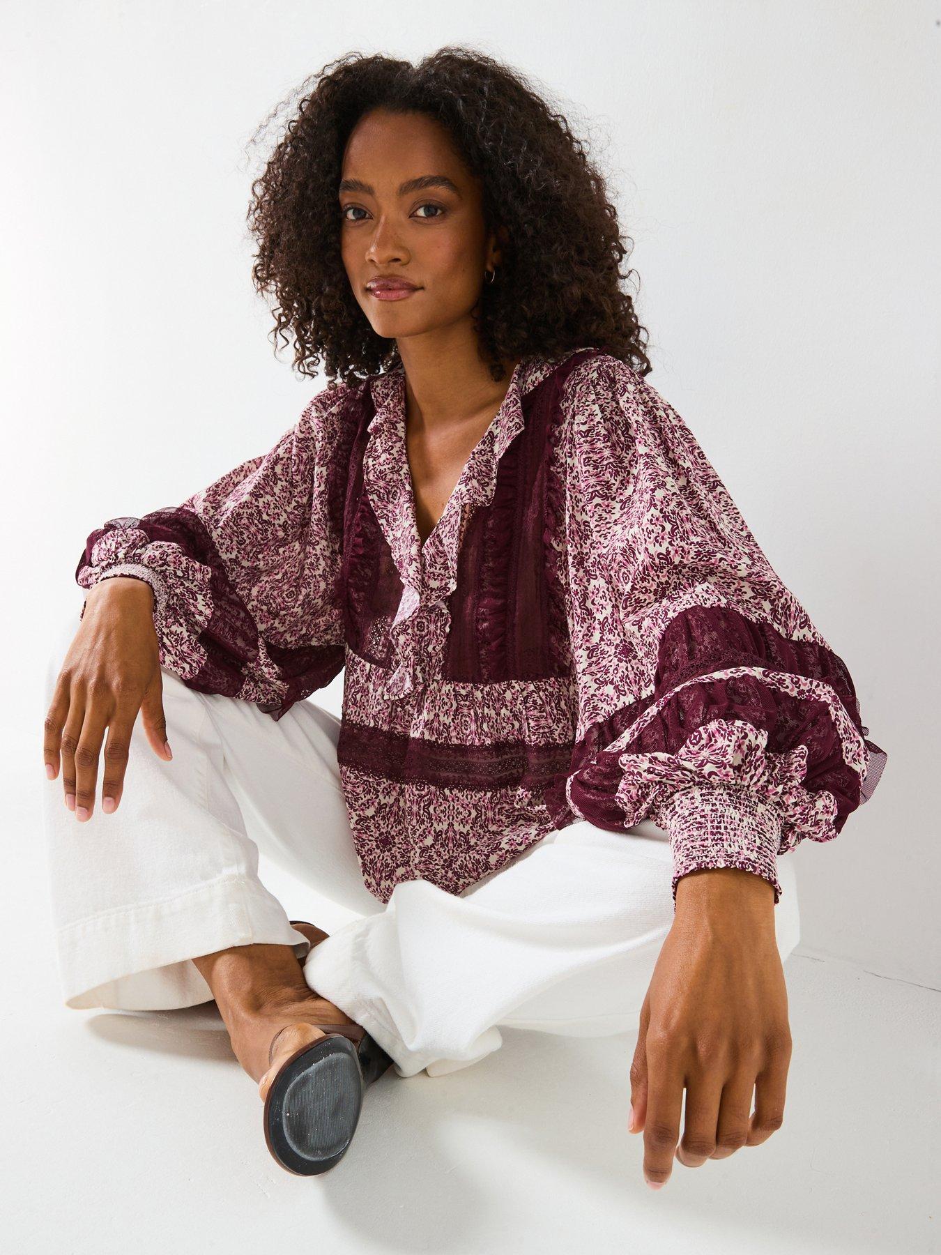 V by Very V Neck Ruffle Lace Insert Blouse - Print