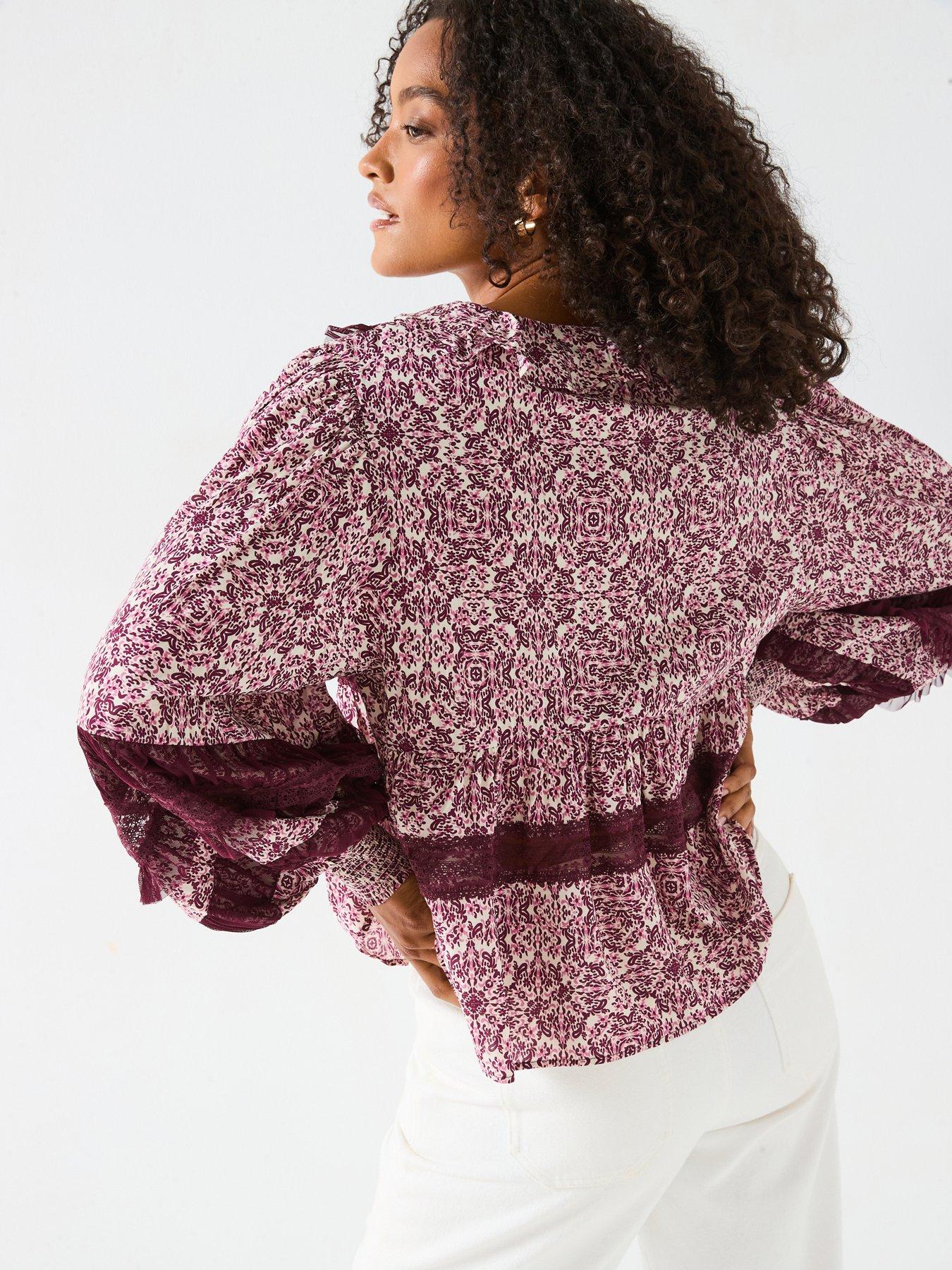 Image 2 of 6 of V by Very V Neck Ruffle Lace Insert Blouse - Print