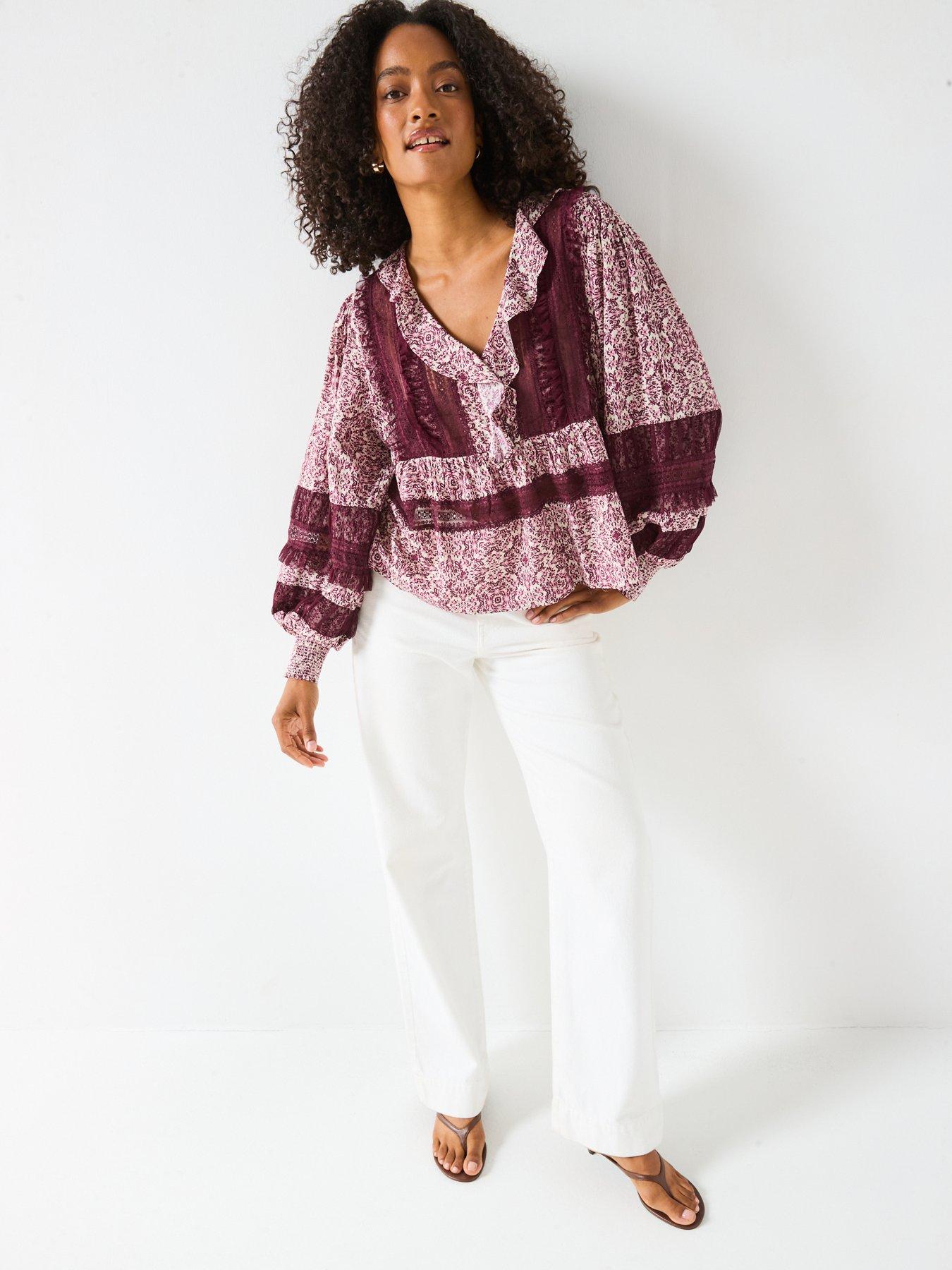 Image 3 of 6 of V by Very V Neck Ruffle Lace Insert Blouse - Print