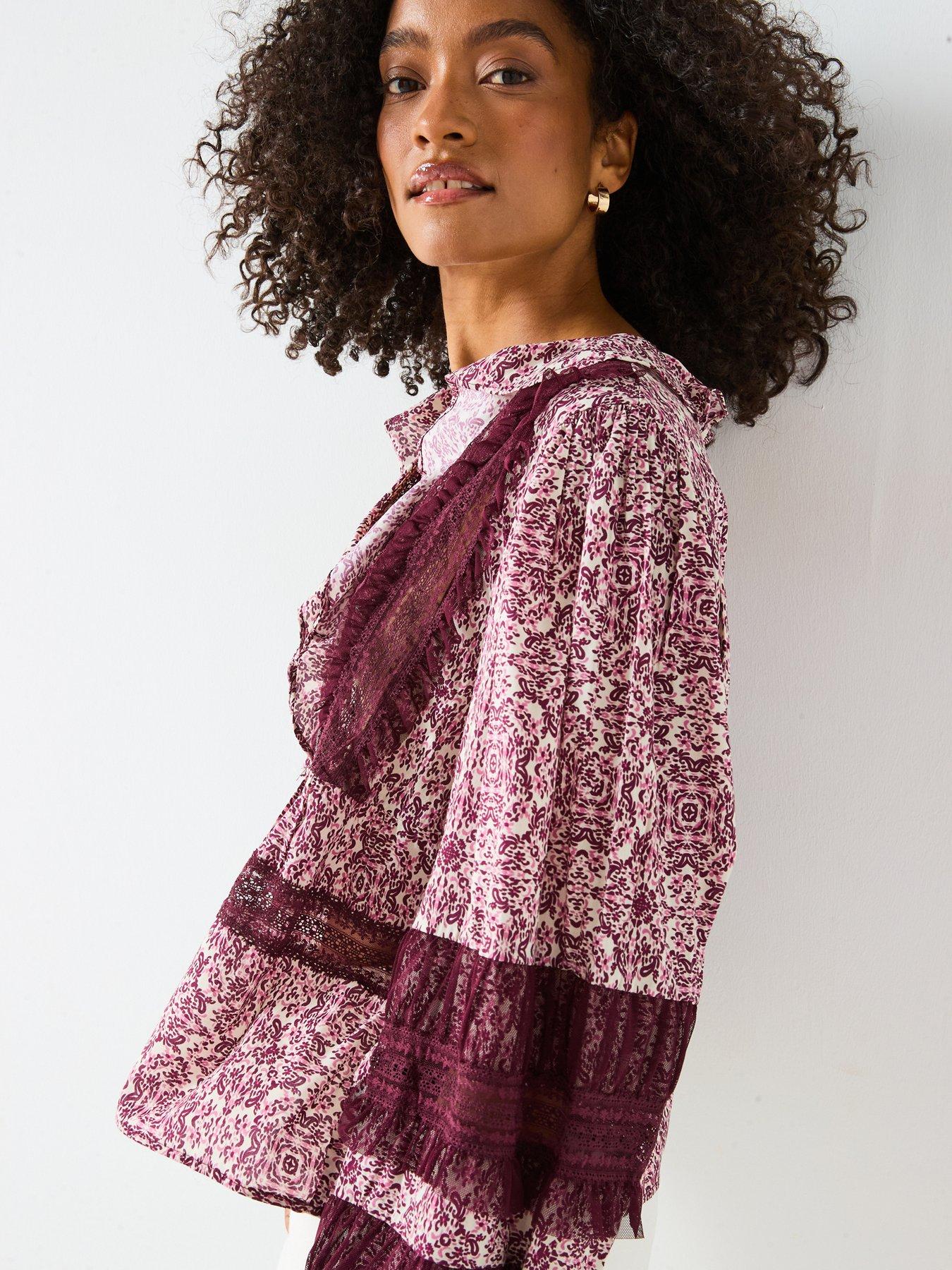 Image 4 of 6 of V by Very V Neck Ruffle Lace Insert Blouse - Print
