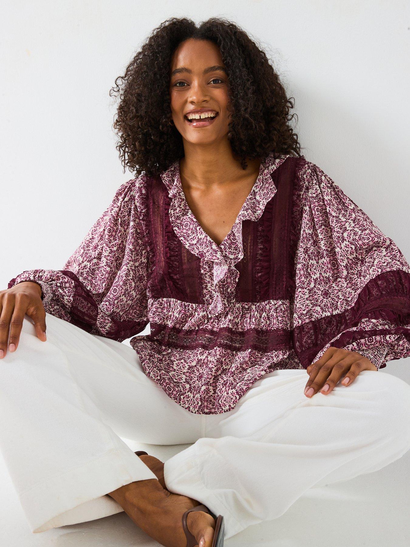 Image 5 of 6 of V by Very V Neck Ruffle Lace Insert Blouse - Print