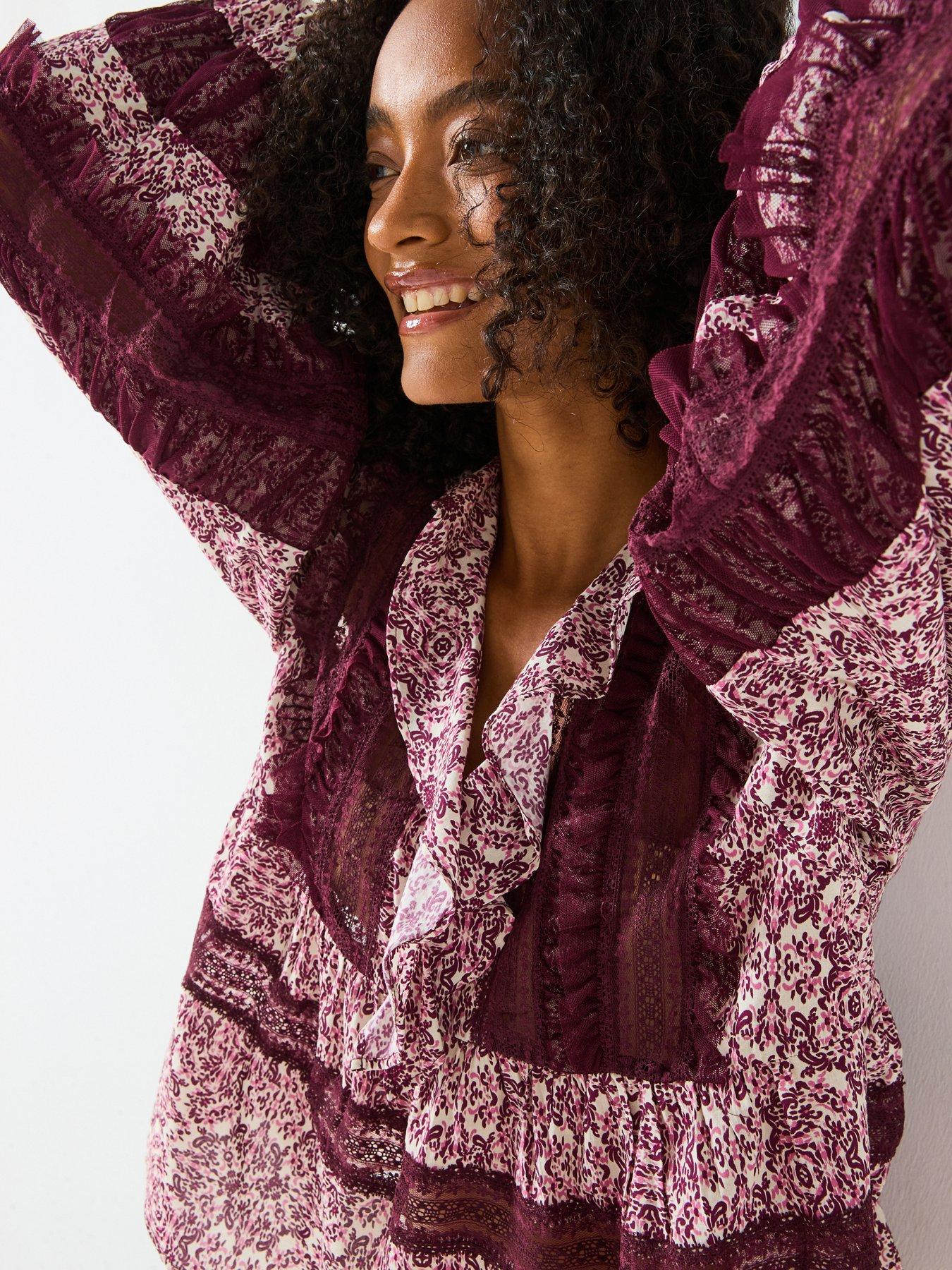 Image 6 of 6 of V by Very V Neck Ruffle Lace Insert Blouse - Print