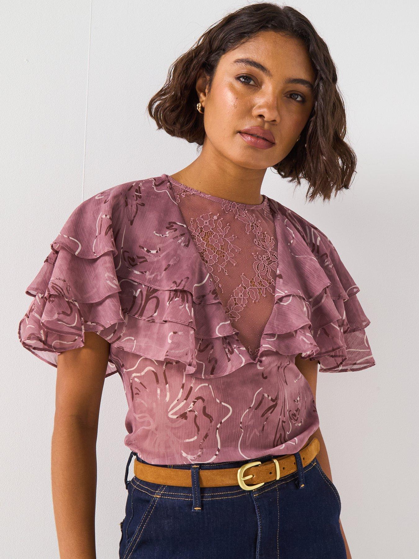 Image 1 of 5 of V by Very Lace Insert Cape Frill Blouse&nbsp;- Pink