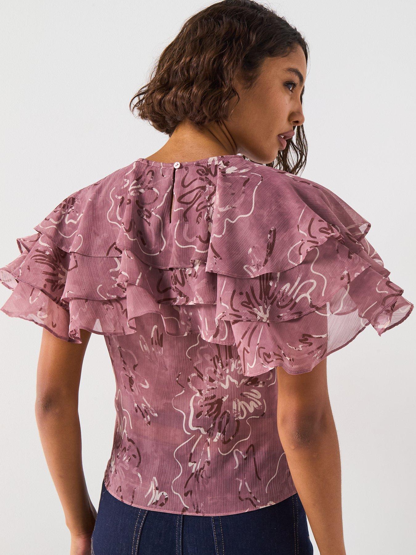 Image 2 of 5 of V by Very Lace Insert Cape Frill Blouse&nbsp;- Pink