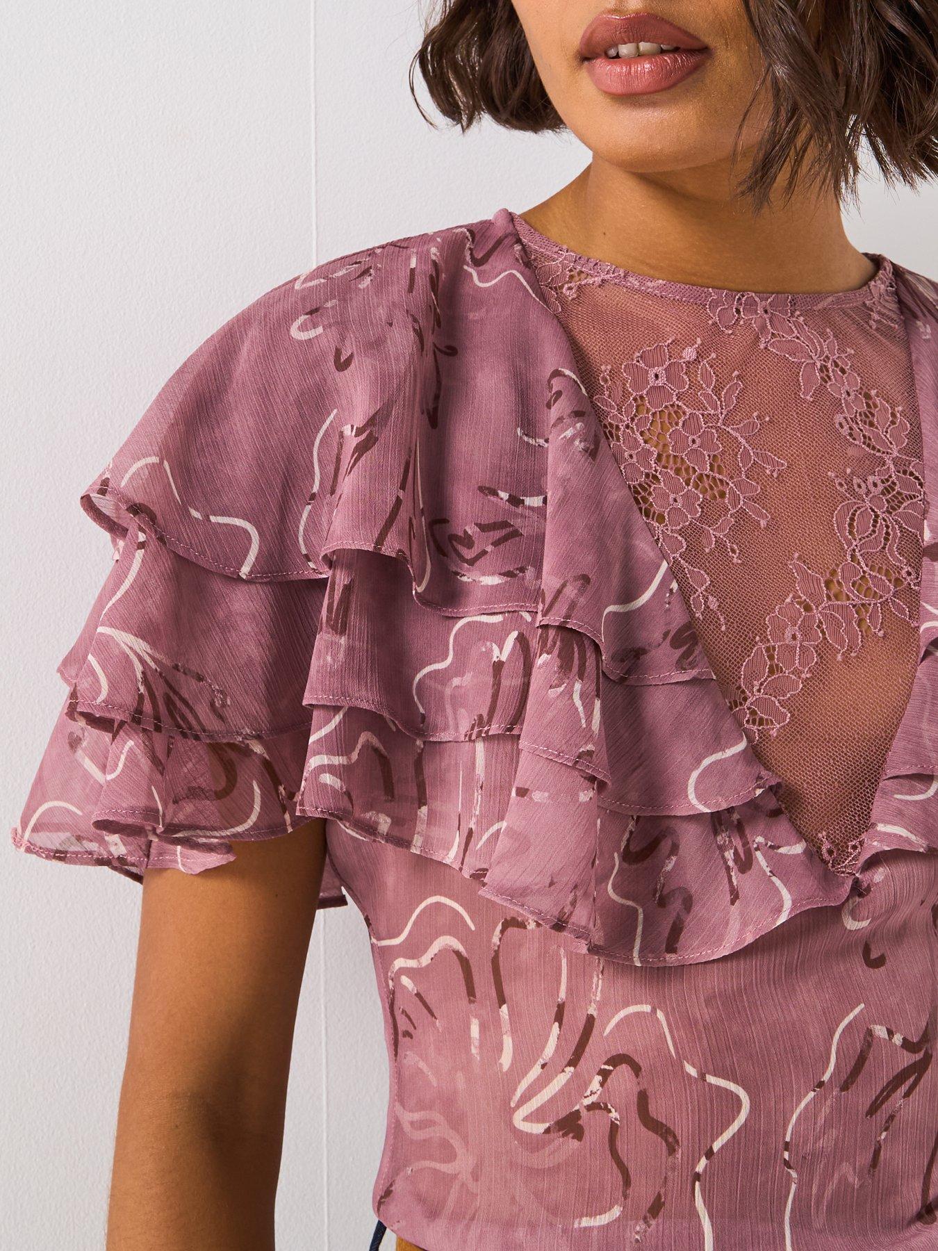 Image 4 of 5 of V by Very Lace Insert Cape Frill Blouse&nbsp;- Pink