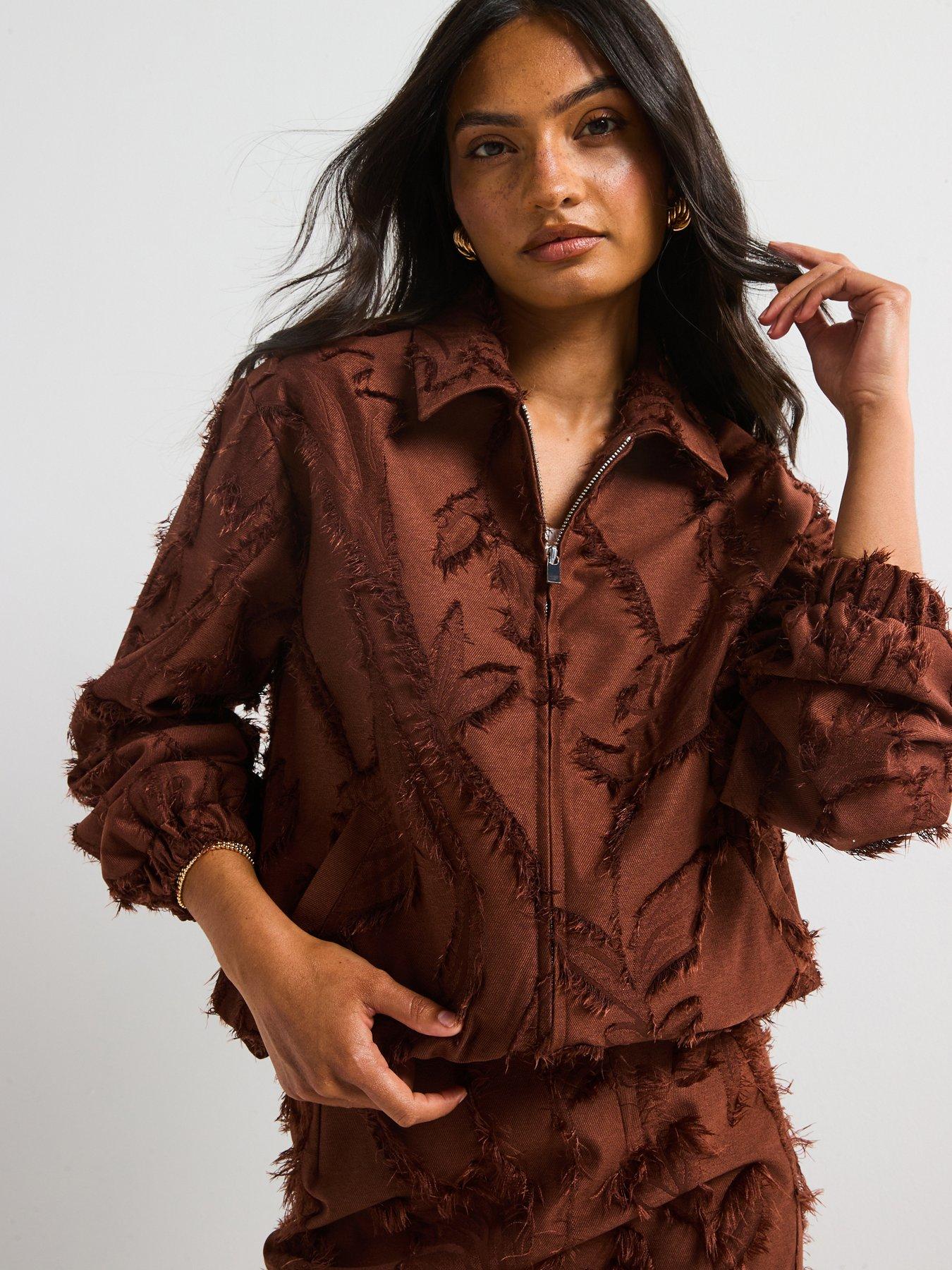 Image 1 of 5 of V by Very Flocked Zip Through Jacket - Brown