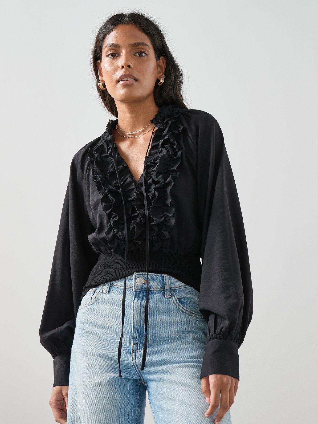 The Very Collection Ruffle Rib Bottom Blouse - Black