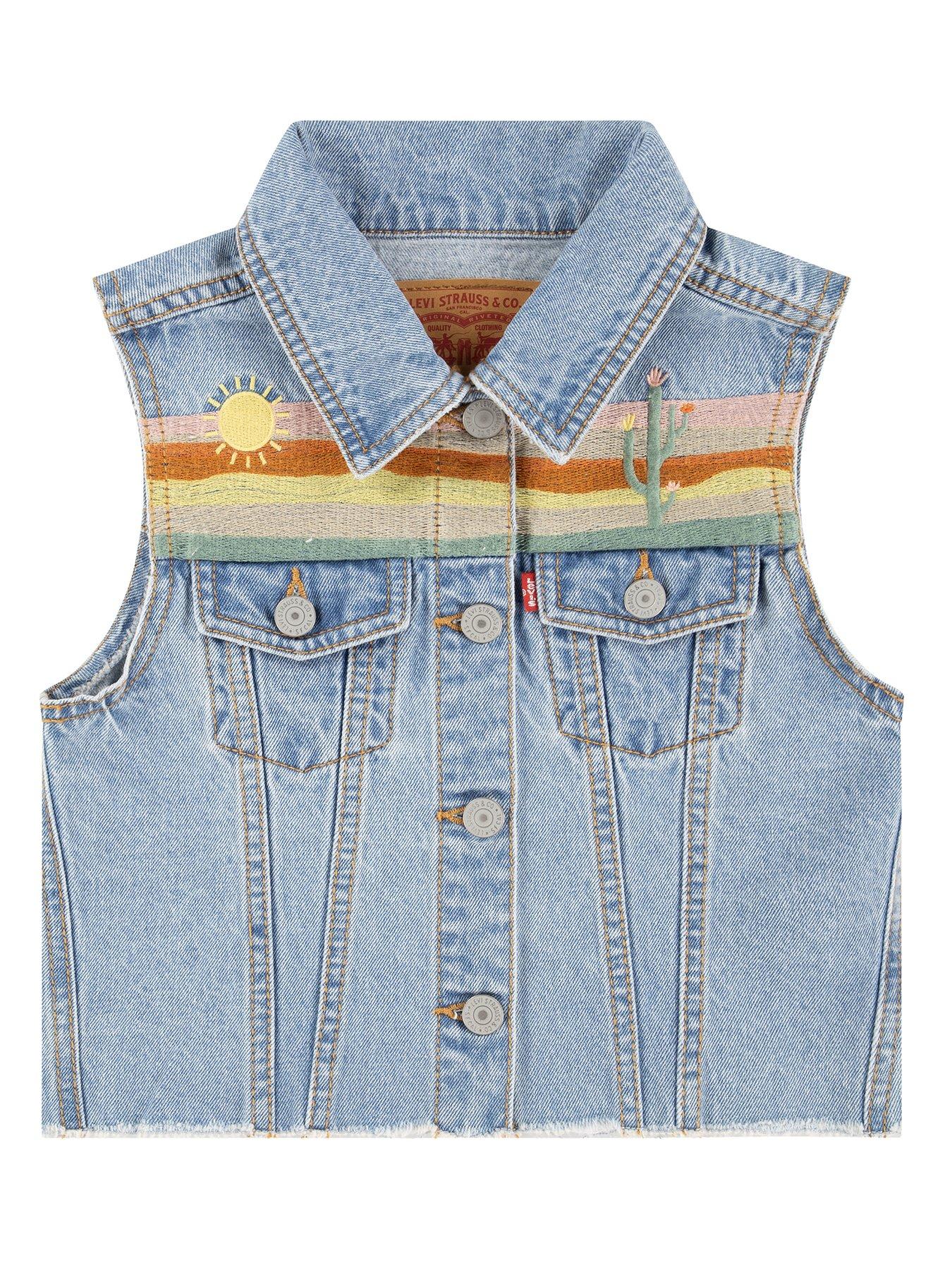 undefined Girls Denim Sleeveless Vest With Embroidery - Blue