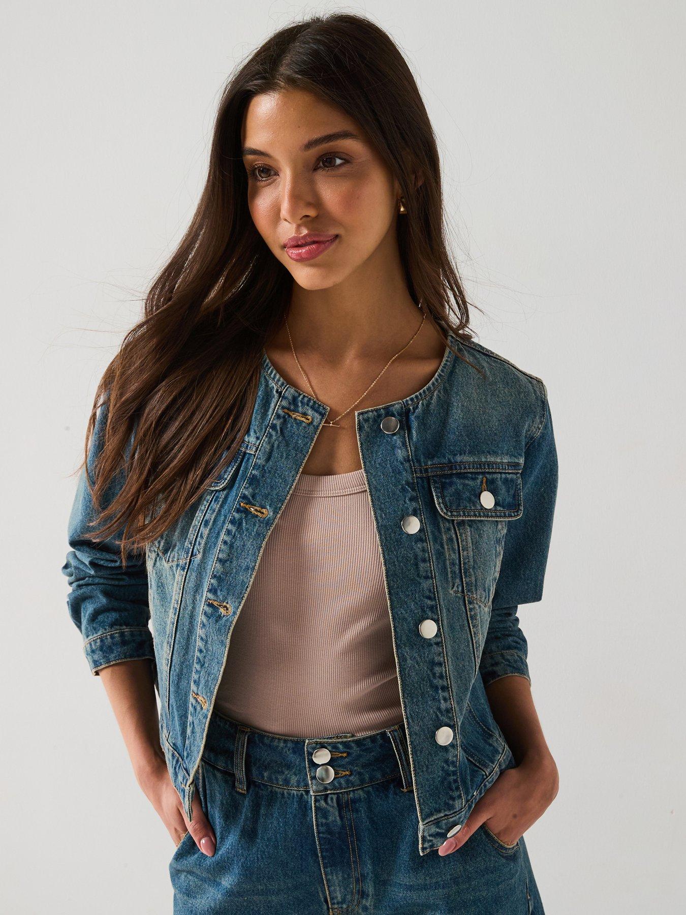 V by Very Collarless Denim Jacket - Mid Wash