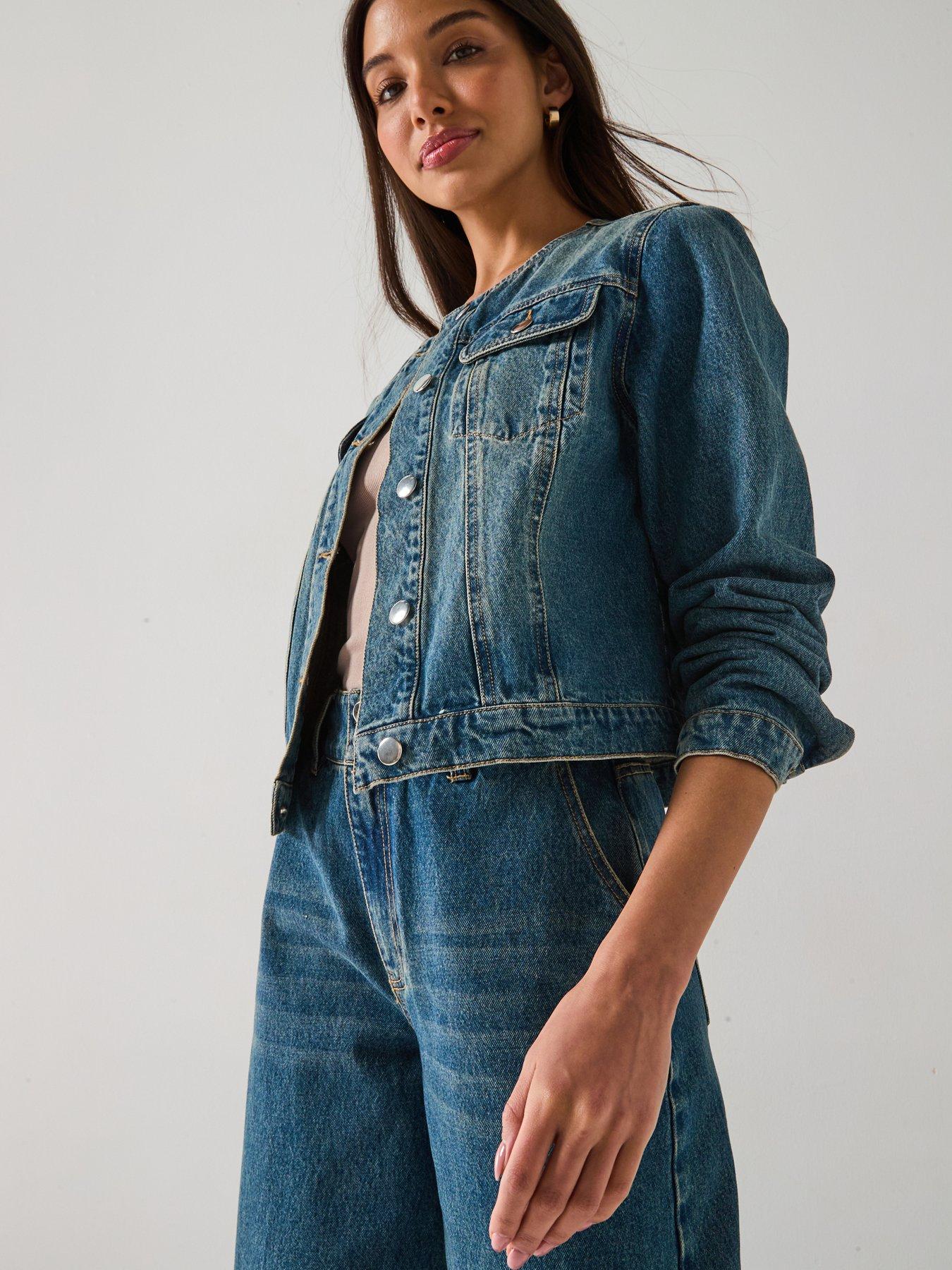 V by Very Collarless Denim Jacket - Mid Wash | Very Ireland