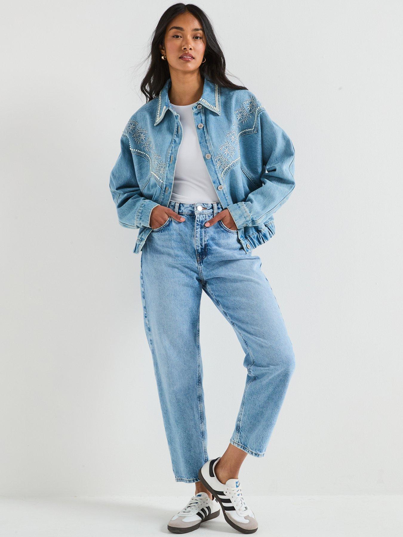 V by Very Embroidered 80s Denim Jacket with Pearl Details - Mid Wash