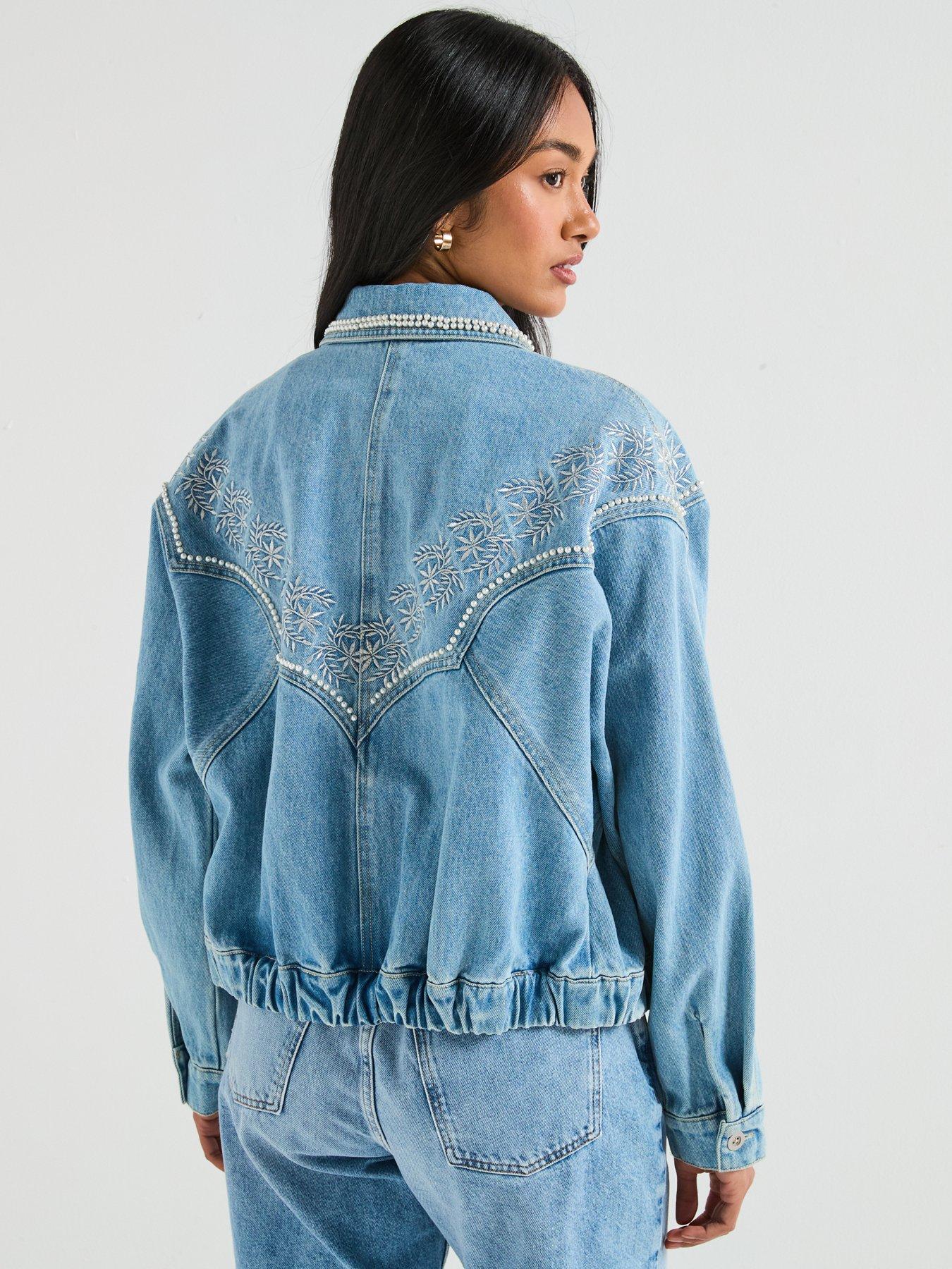 V by Very Embroidered 80s Denim Jacket with Pearl Details - Mid