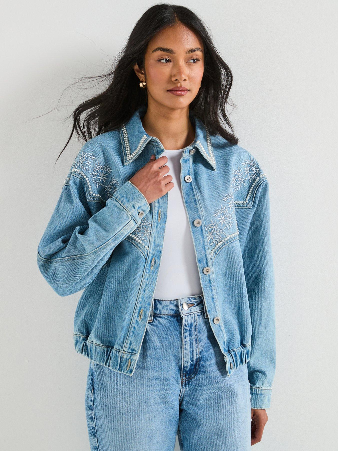 V by Very Embroidered 80s Denim Jacket with Pearl Details - Mid