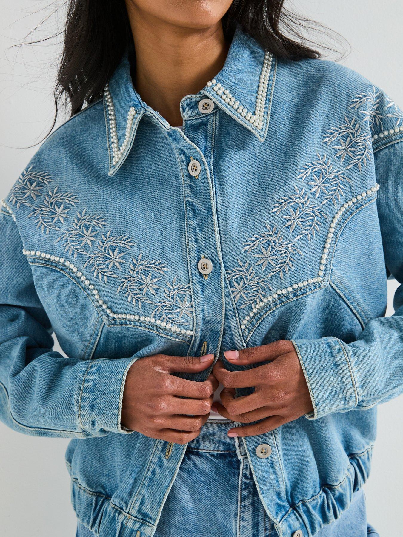 V by Very Embroidered 80s Denim Jacket with Pearl Details - Mid