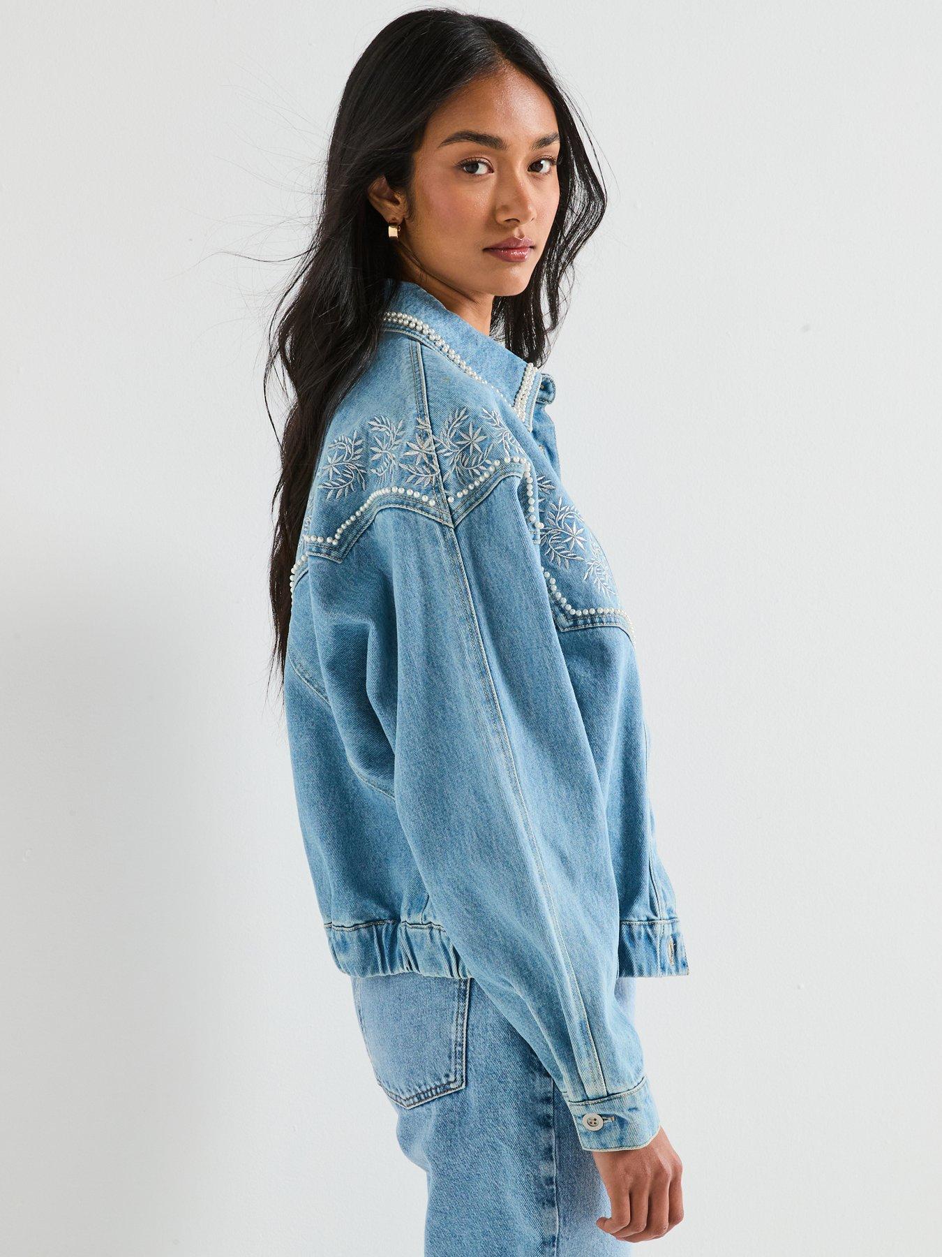 V by Very Embroidered 80s Denim Jacket with Pearl Details - Mid