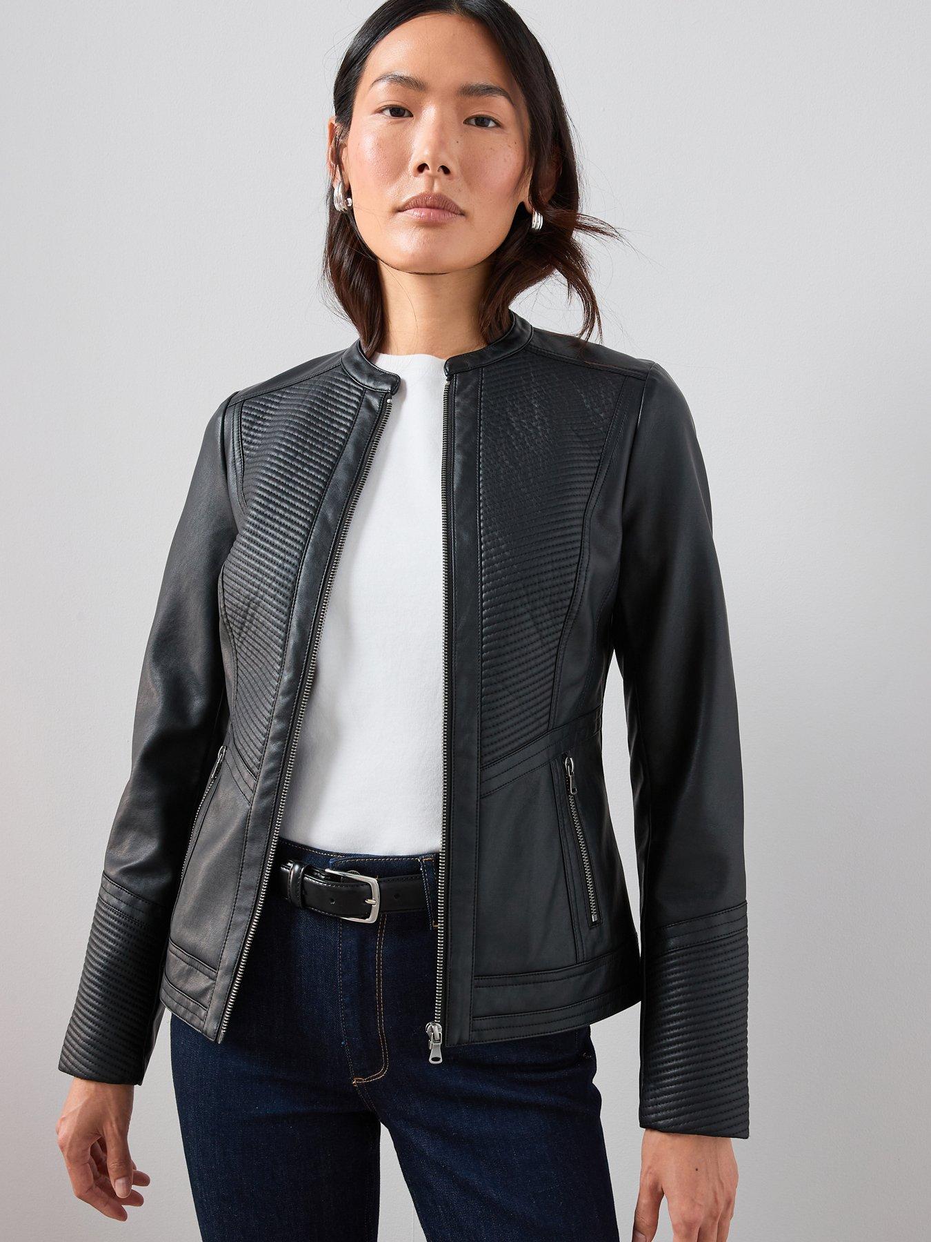 V by Very Faux Leather Collarless Stitch Jacket - Black