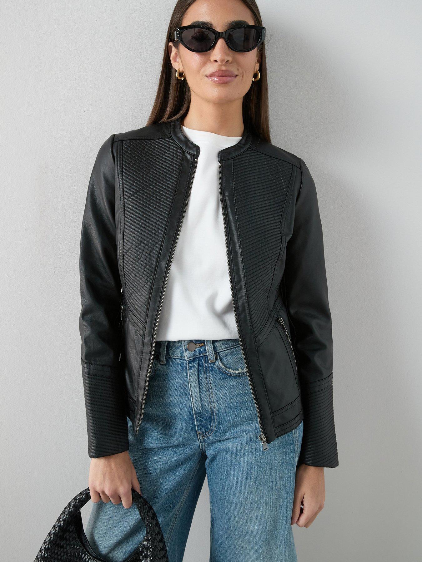 Image 1 of 7 of The Very Collection Faux Leather Collarless Stitch Jacket - Black