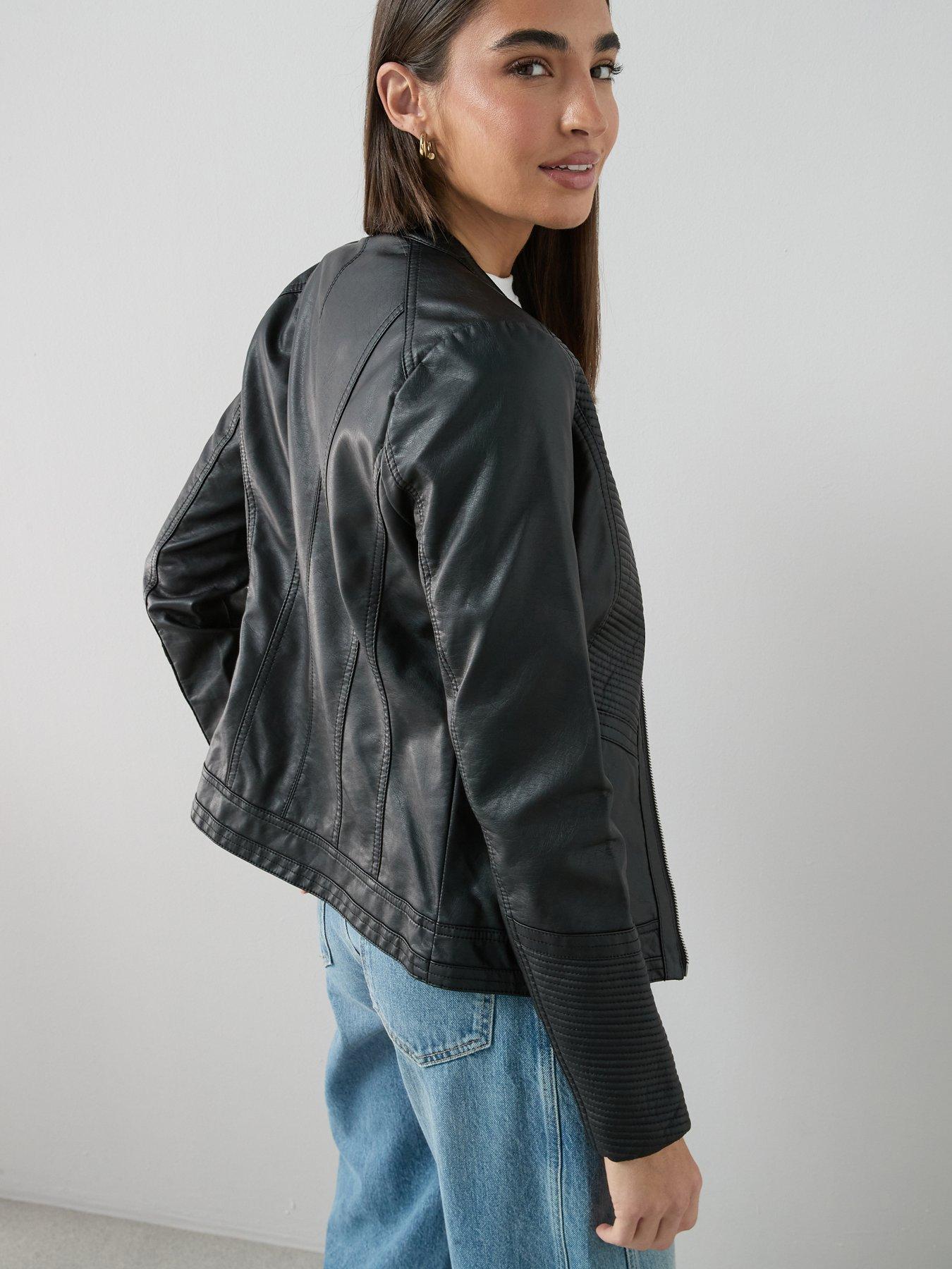 Image 2 of 7 of The Very Collection Faux Leather Collarless Stitch Jacket - Black