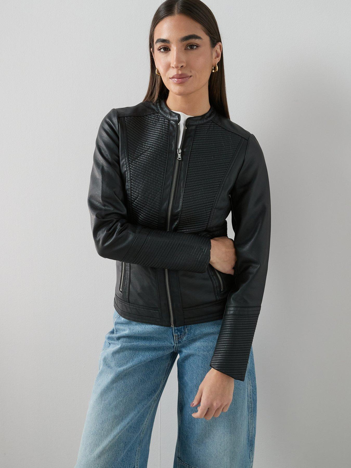 Image 5 of 7 of The Very Collection Faux Leather Collarless Stitch Jacket - Black