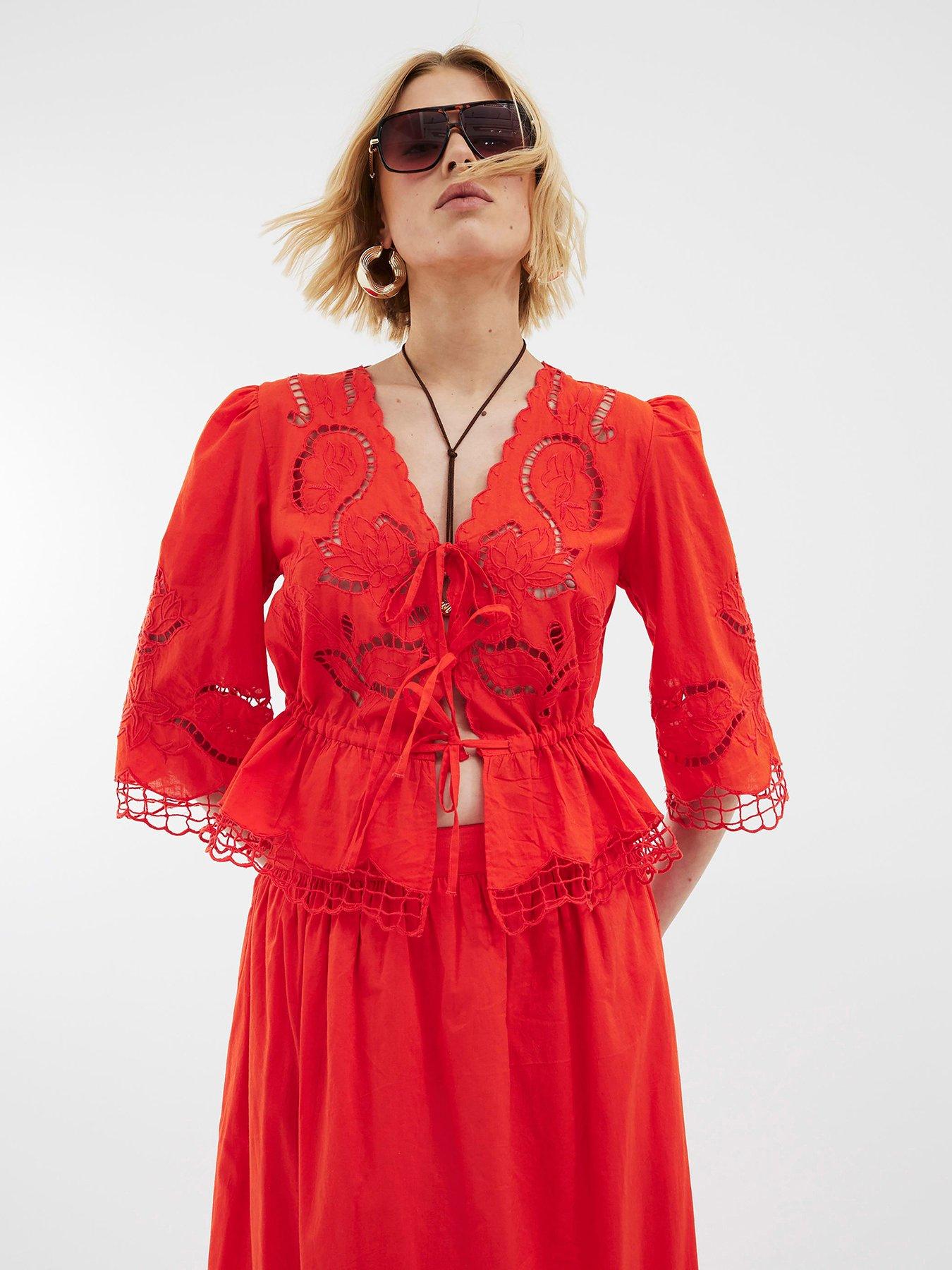 River Island Cutwork Tie Front Blouse - Red