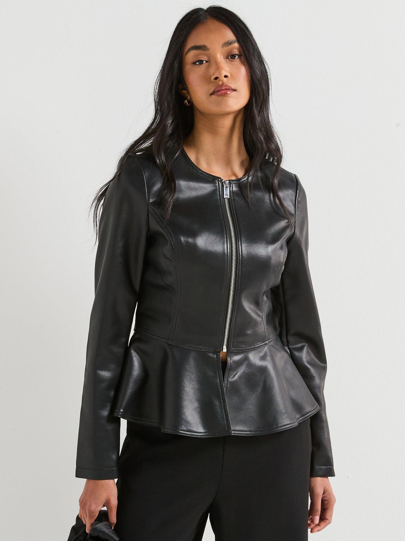 V by Very PU Peplum Jacket - Black
