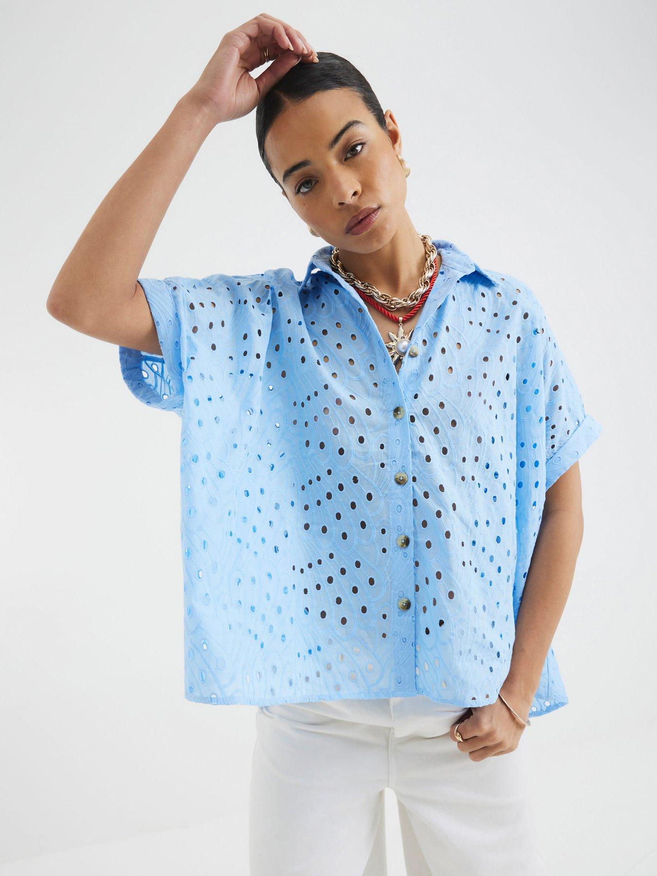 Image 1 of 4 of River Island Broderie Shirt - Light Blue