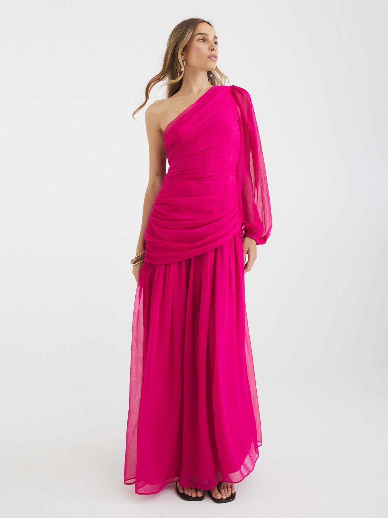 River Island One Shoulder Plisse Midi Dress - Pink