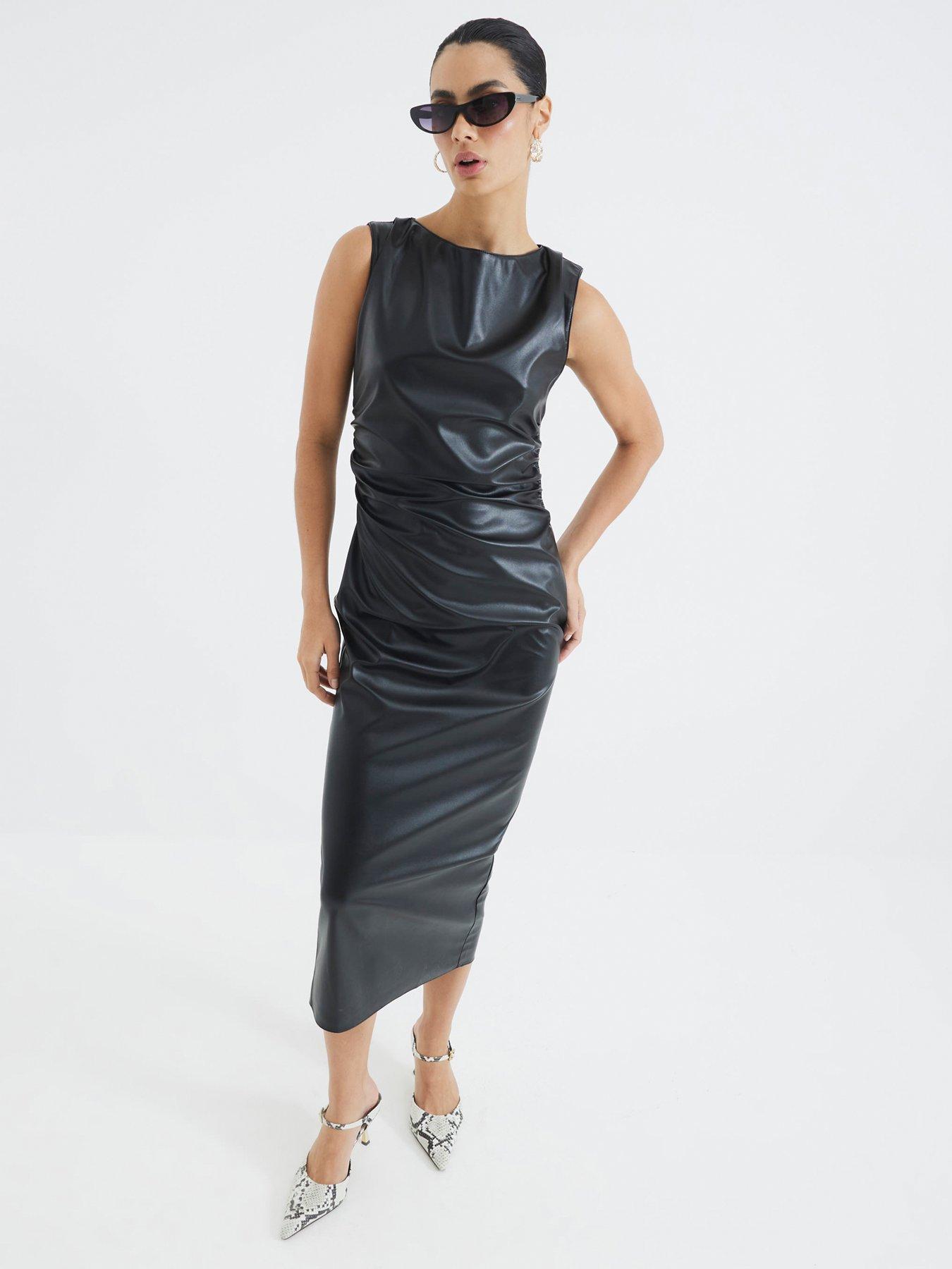 river-island-slash-neck-pleated-pu-midi-dress-black