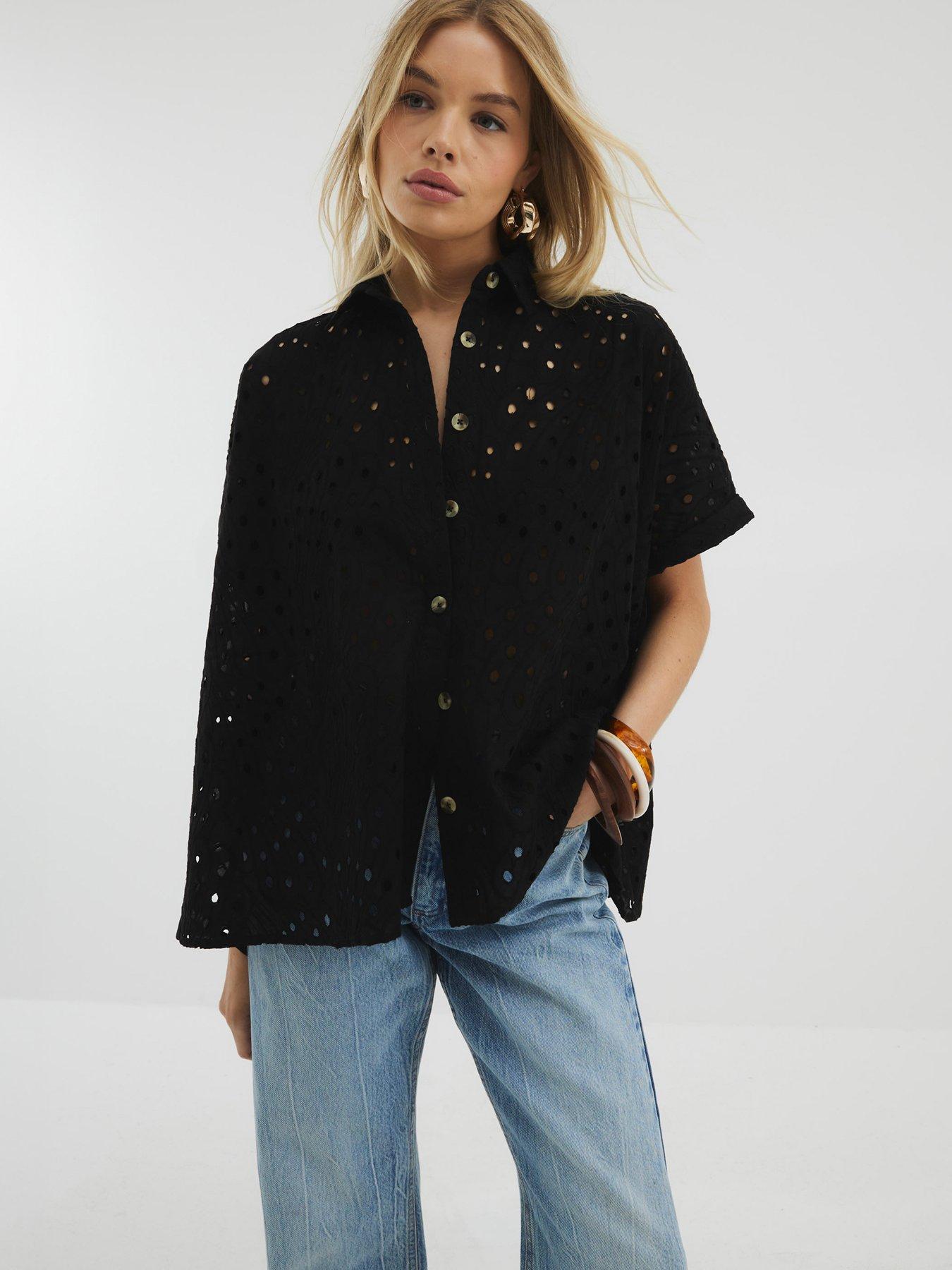 Image 1 of 4 of River Island Broderie Shirt - Black