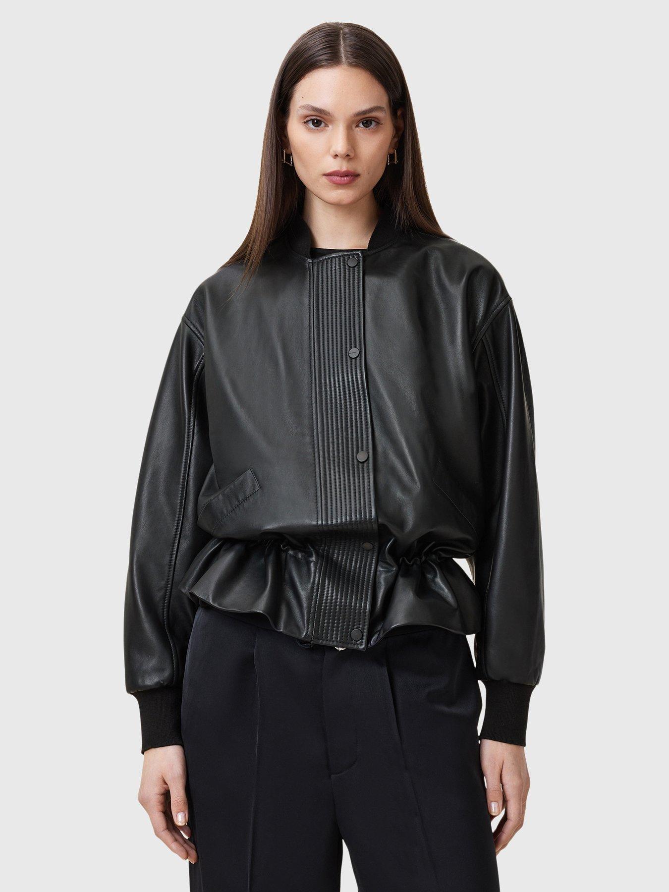 Image 1 of 6 of AllSaints Sofi Drawstring Leather Bomber Jacket - Black