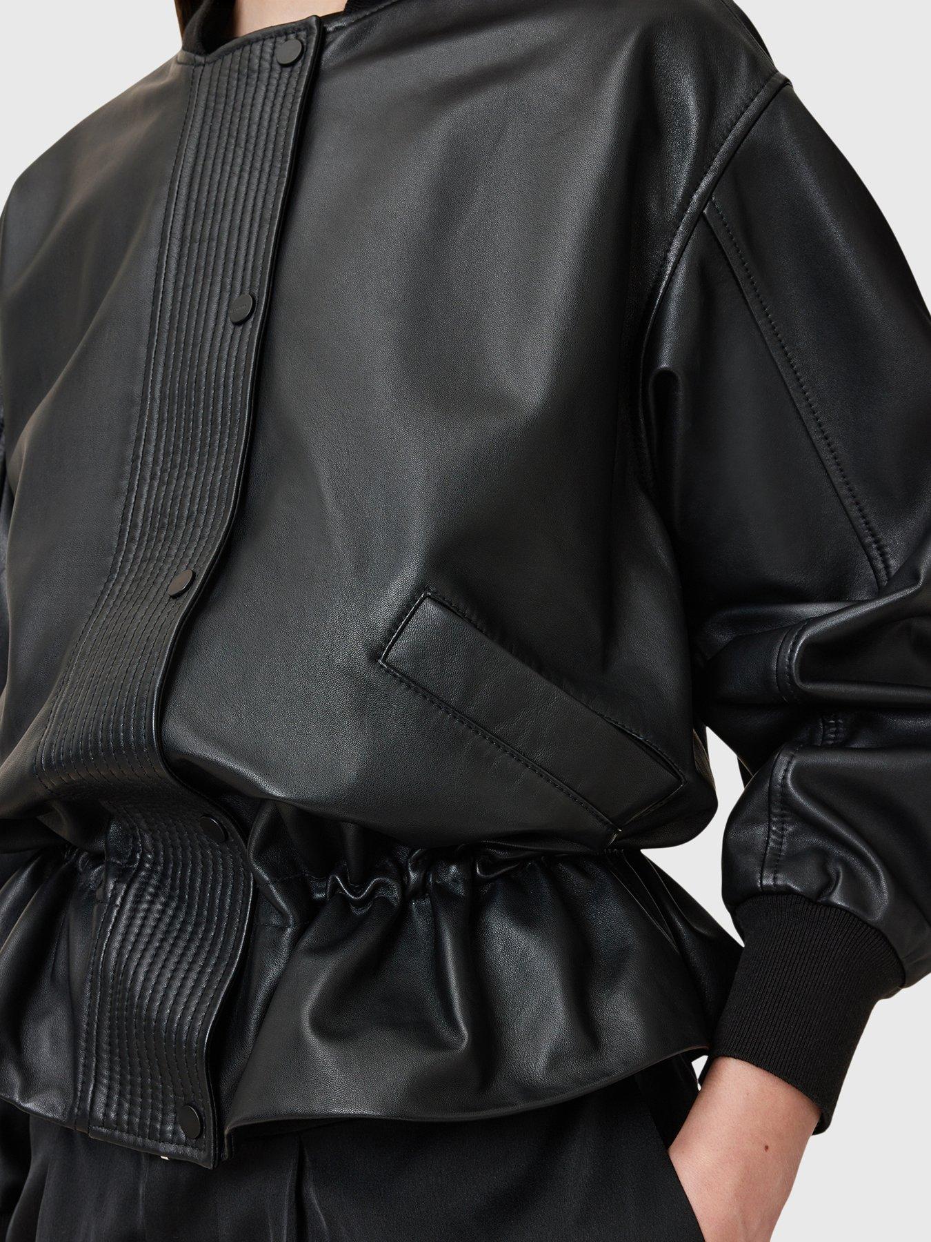 Image 4 of 6 of AllSaints Sofi Drawstring Leather Bomber Jacket - Black