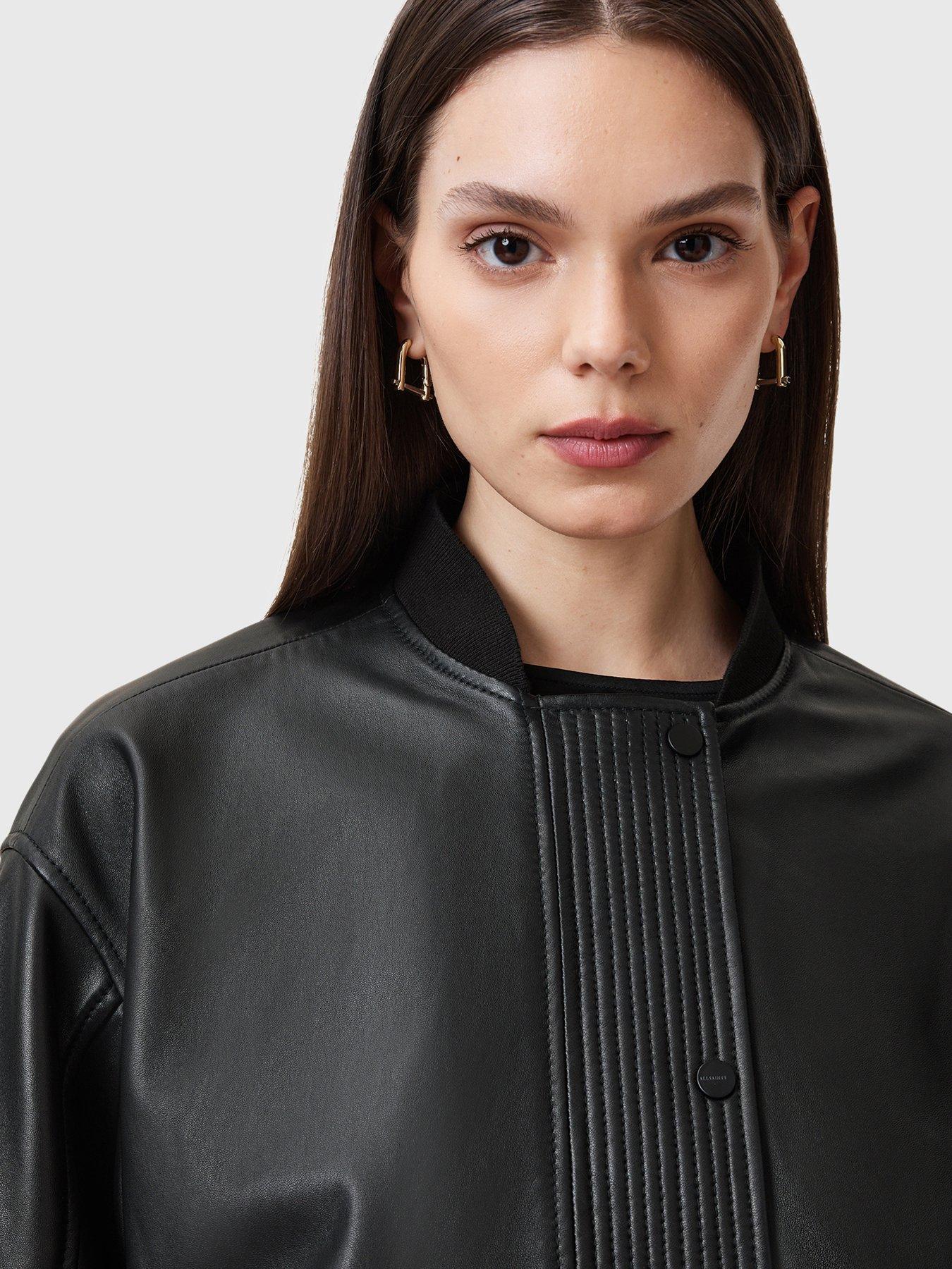 Image 5 of 6 of AllSaints Sofi Drawstring Leather Bomber Jacket - Black