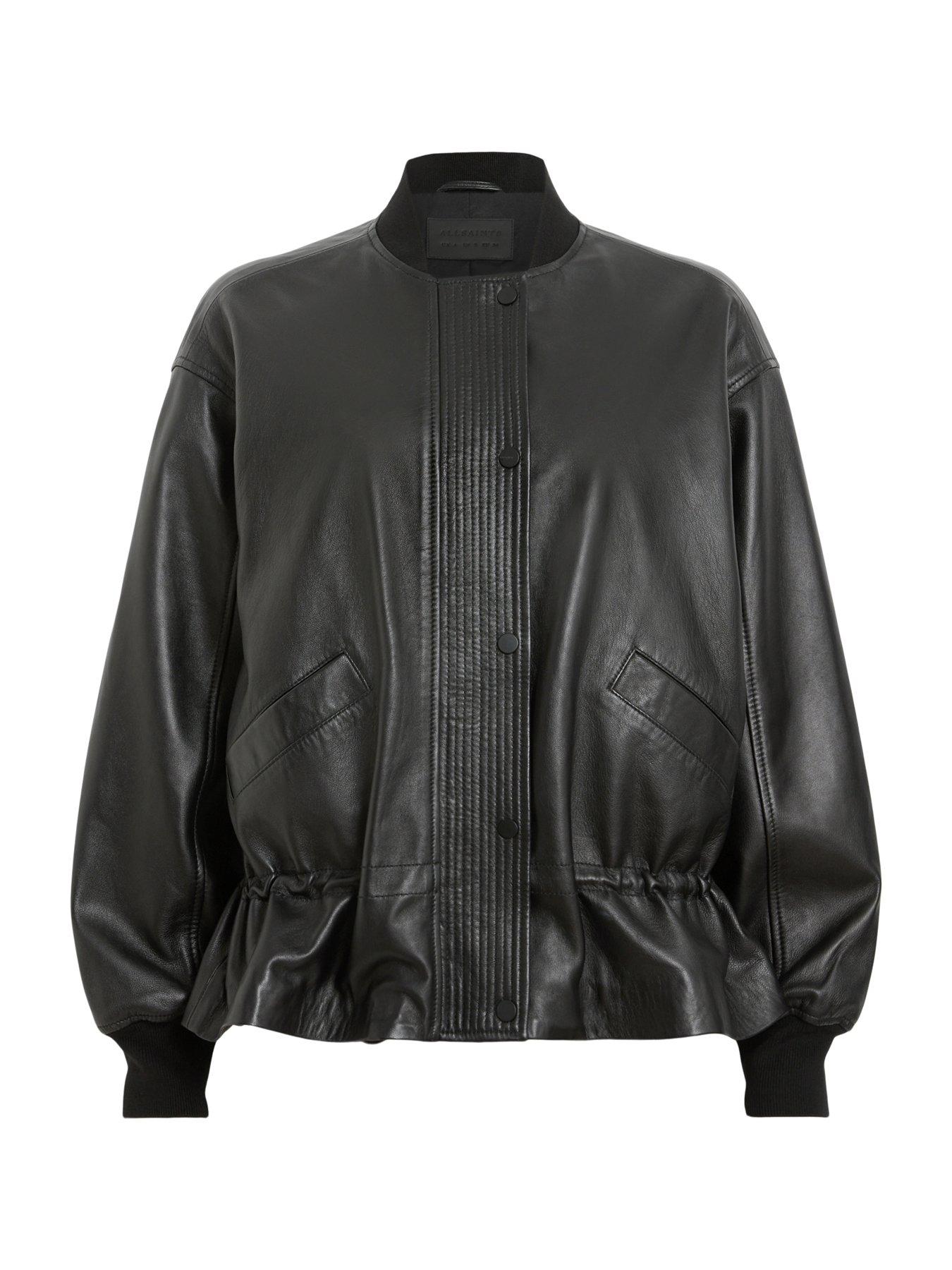 Image 6 of 6 of AllSaints Sofi Drawstring Leather Bomber Jacket - Black