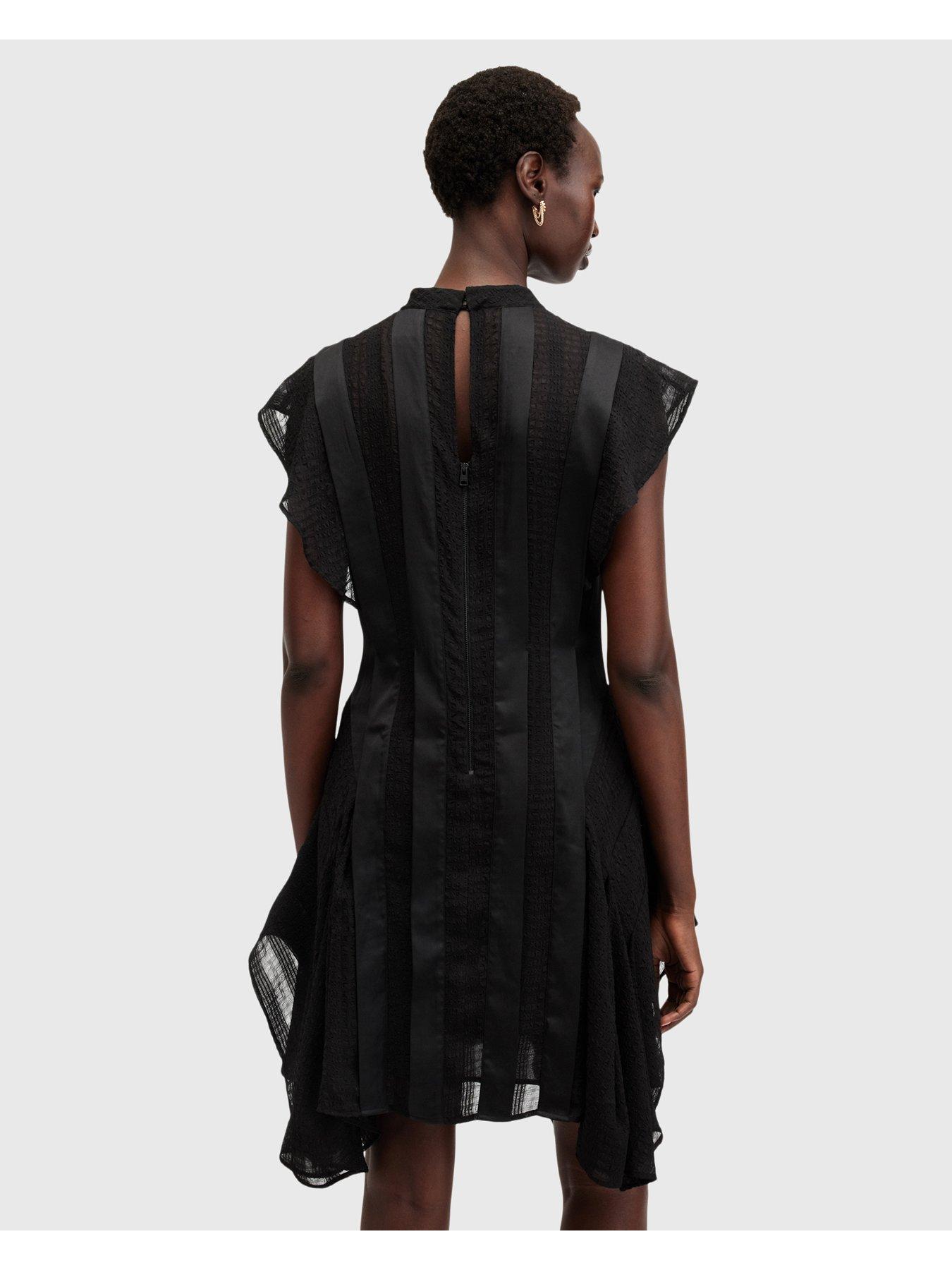 Image 2 of 6 of AllSaints Fleur Textured Asymmetric Hem Dress - Black