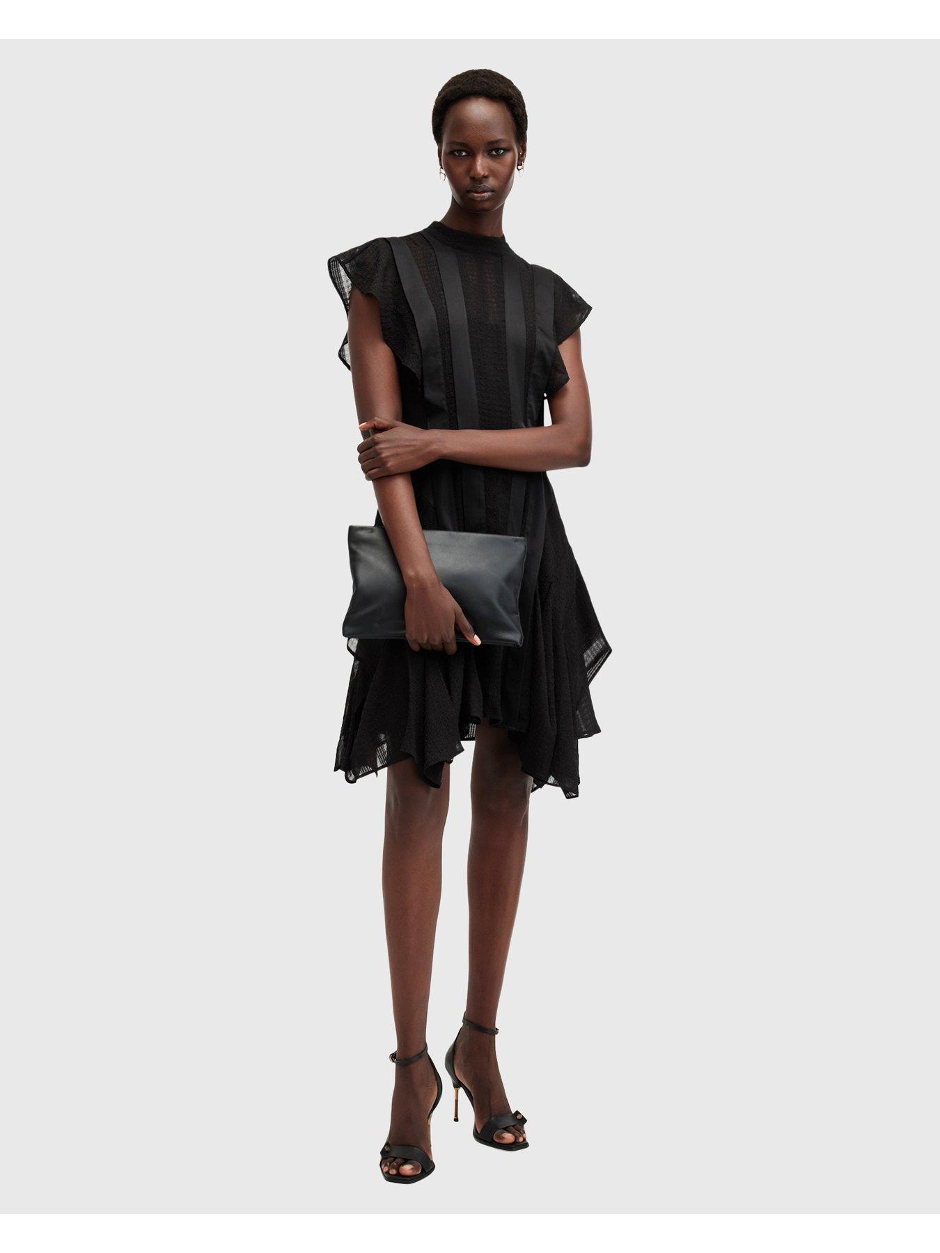 Image 3 of 6 of AllSaints Fleur Textured Asymmetric Hem Dress - Black