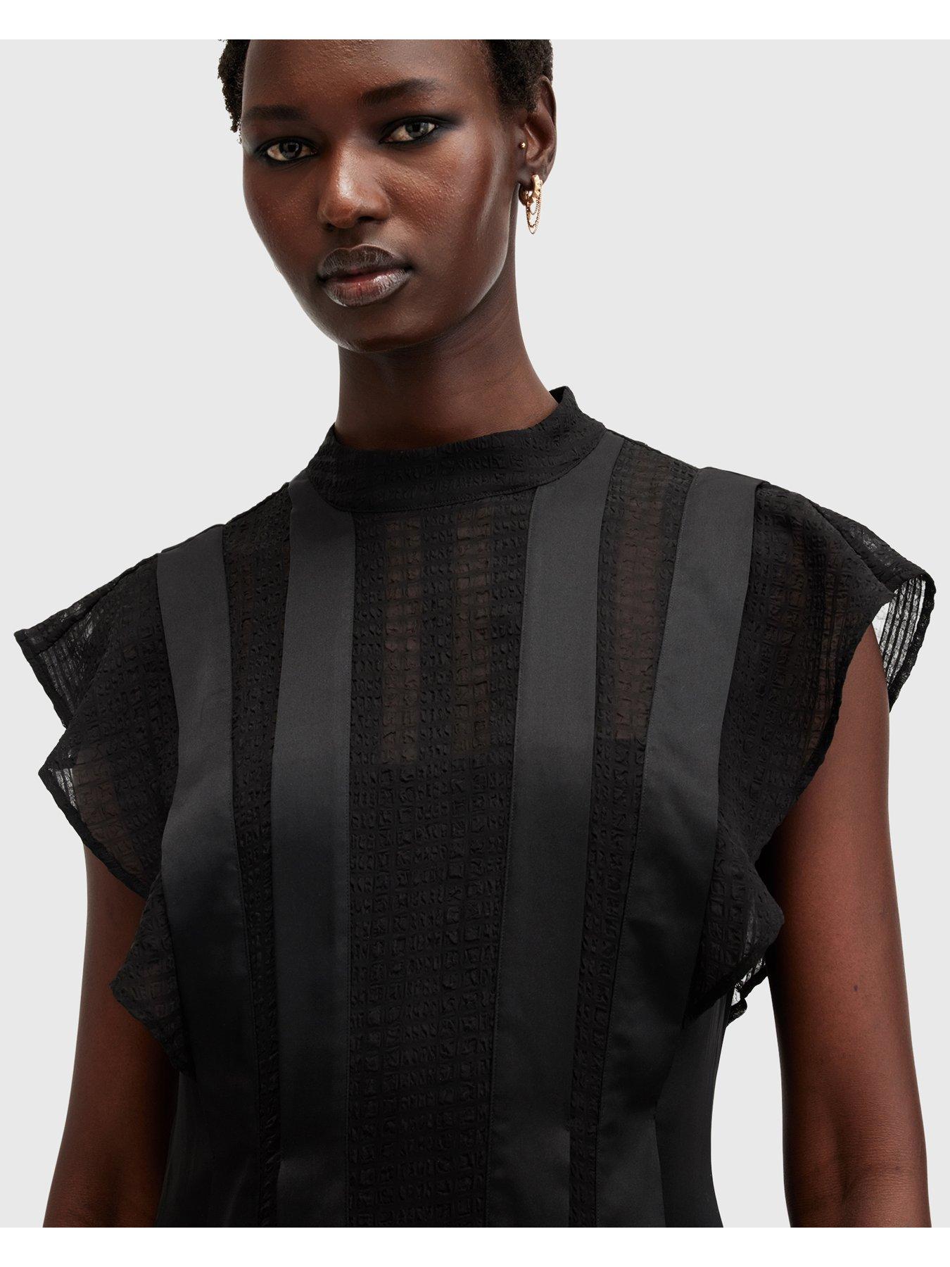 Image 4 of 6 of AllSaints Fleur Textured Asymmetric Hem Dress - Black