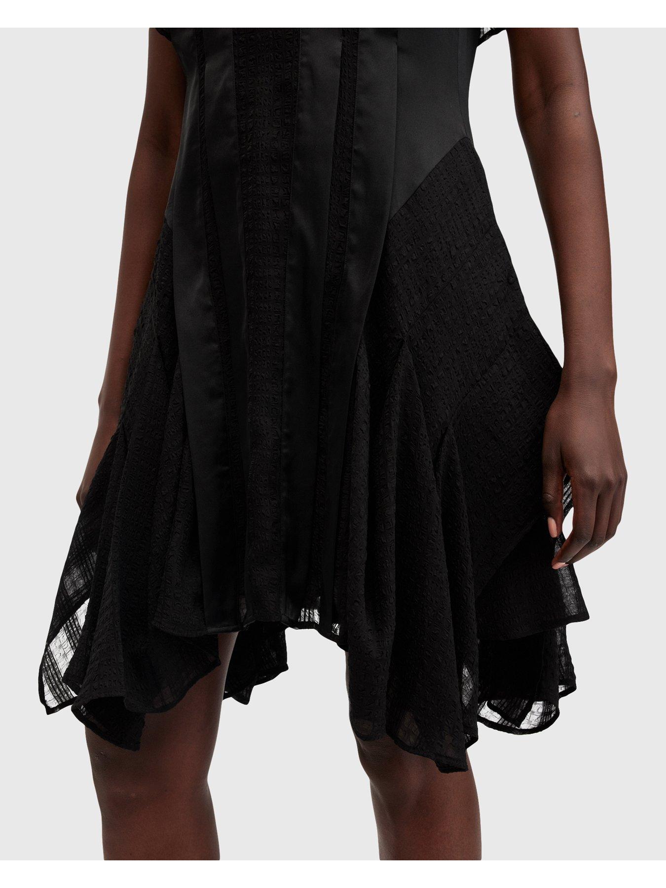 Image 5 of 6 of AllSaints Fleur Textured Asymmetric Hem Dress - Black