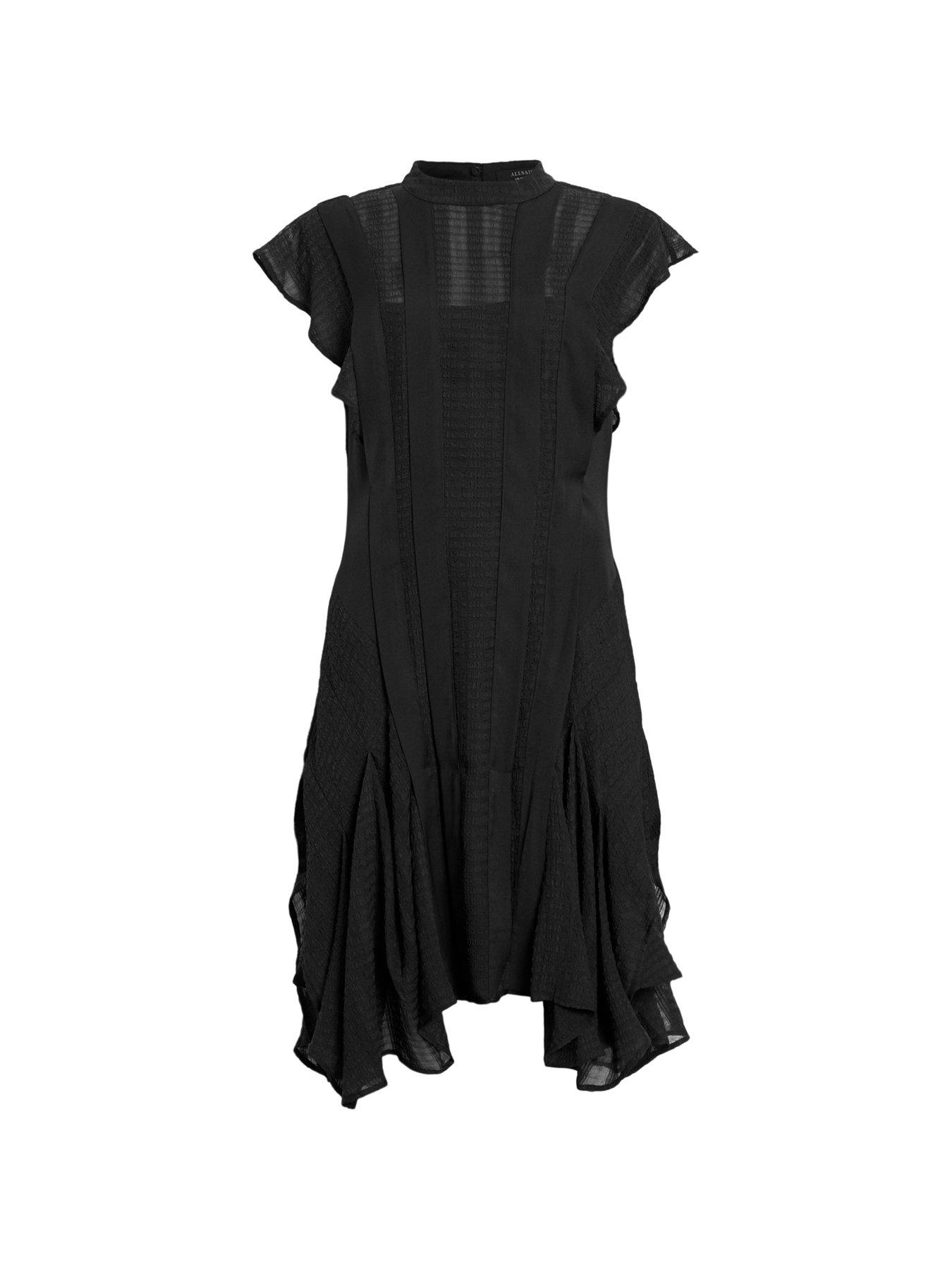 Image 6 of 6 of AllSaints Fleur Textured Asymmetric Hem Dress - Black