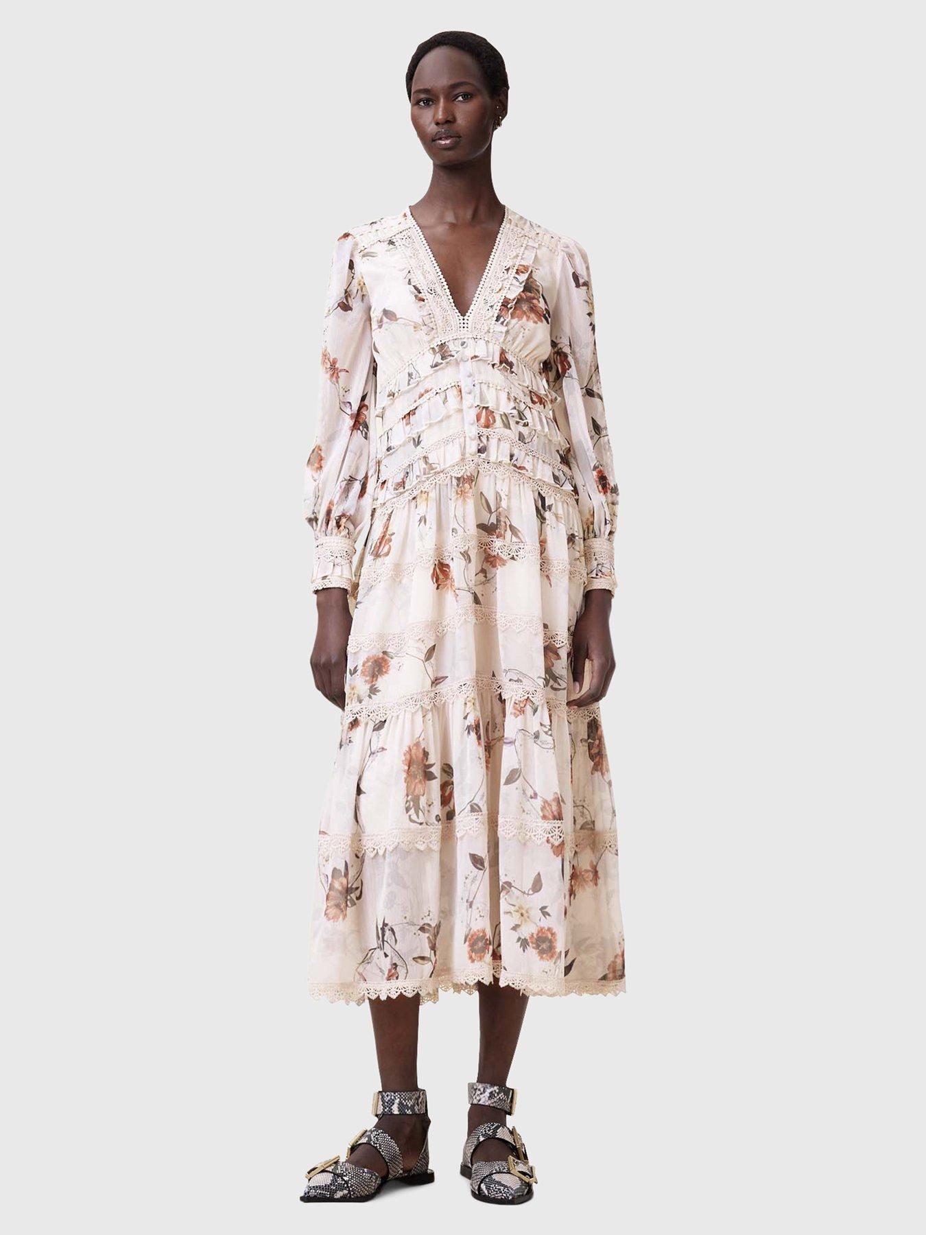 AllSaints Zora Floral Ruffle Midi Dress - White