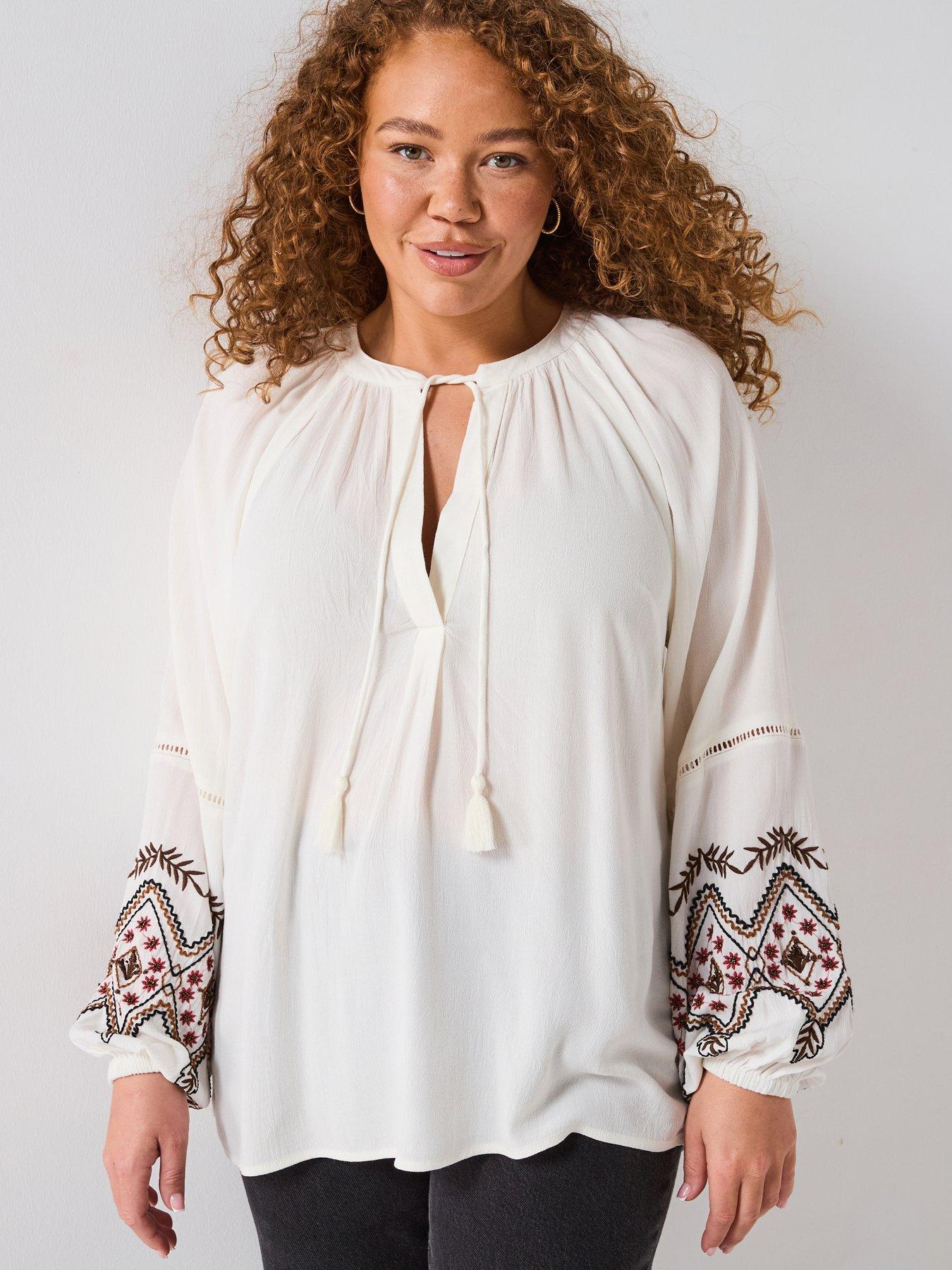 v-by-very-curve-embroidered-long-sleeve-tassel-trim-blouse-cream