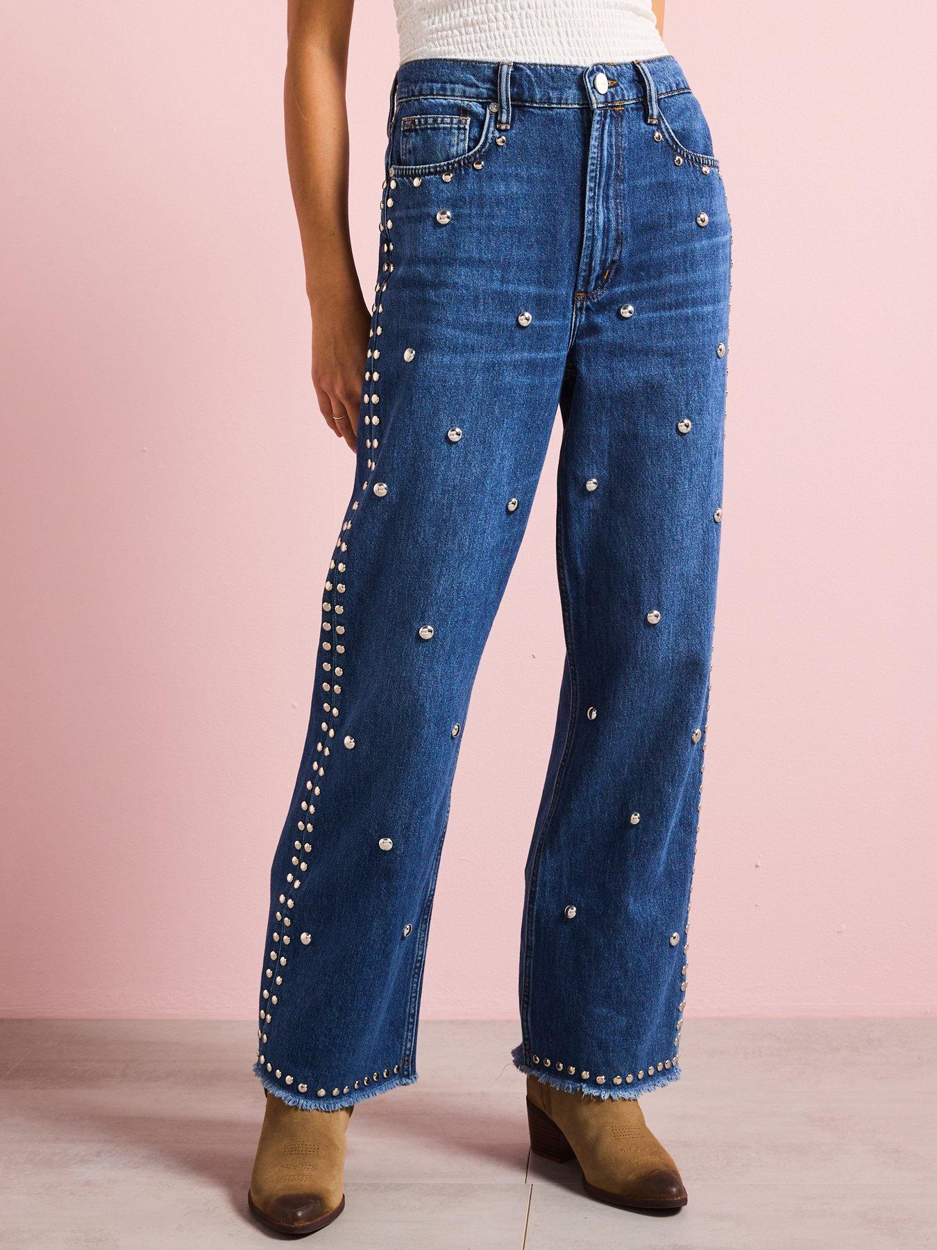 Image 2 of 6 of AllSaints Blake Studded Wide Leg Denim Jeans - Blue