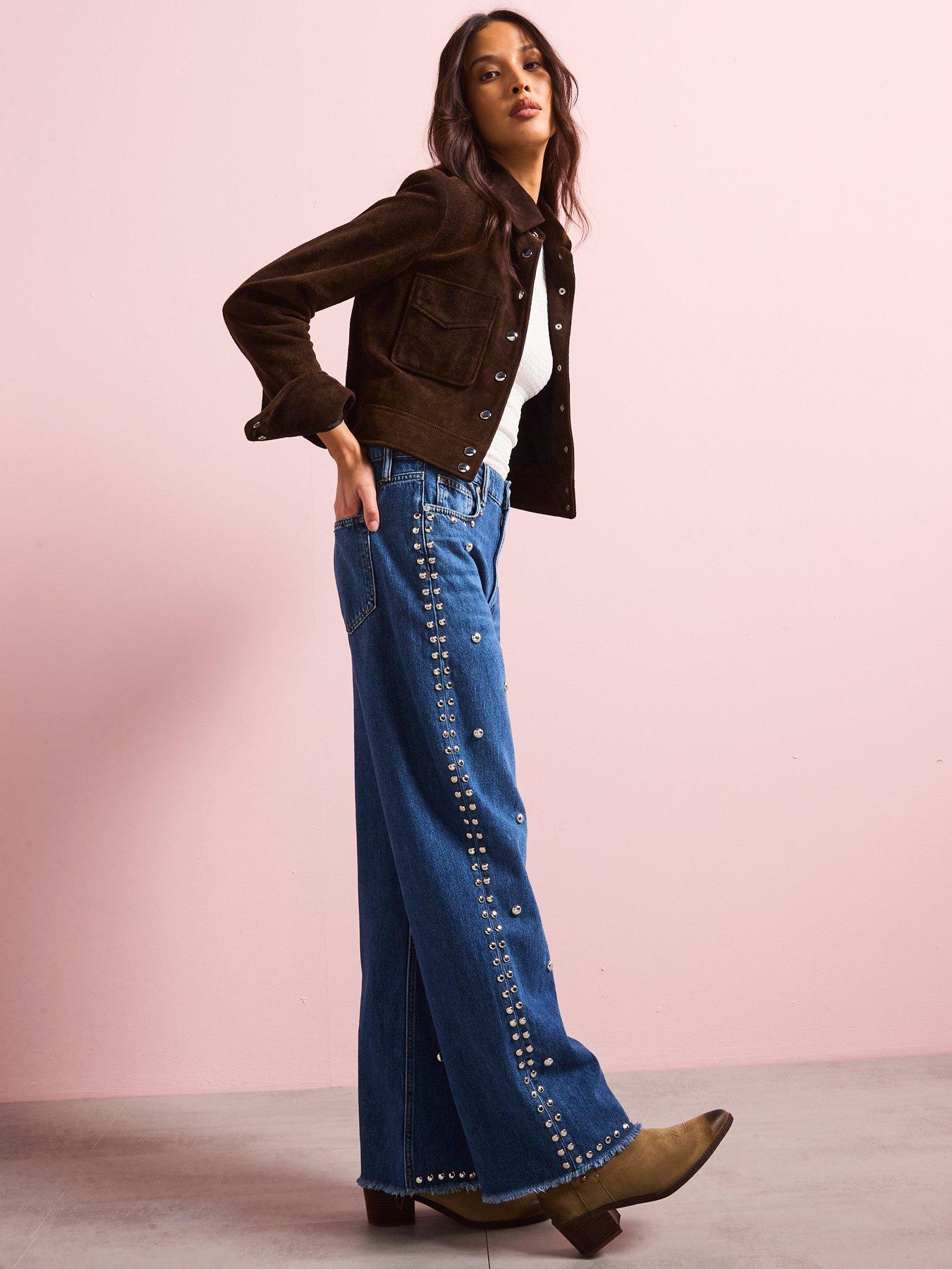Image 4 of 6 of AllSaints Blake Studded Wide Leg Denim Jeans - Blue