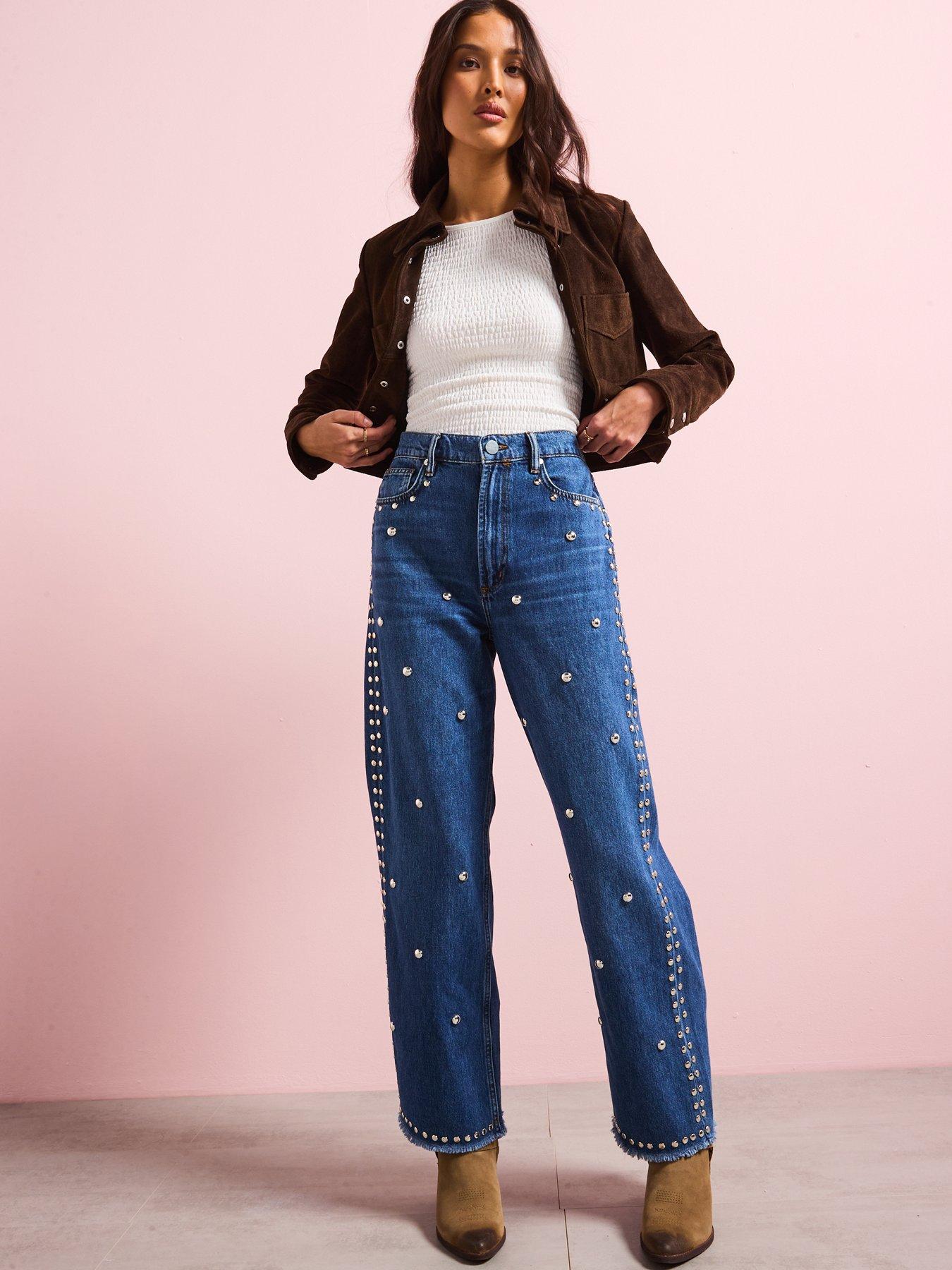 Image 6 of 6 of AllSaints Blake Studded Wide Leg Denim Jeans - Blue