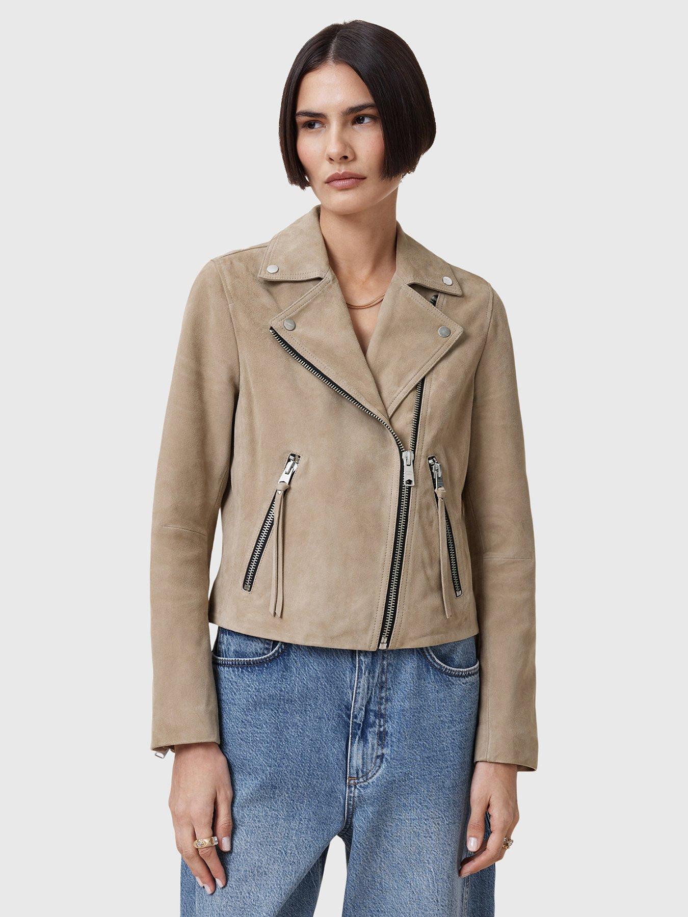 Image 1 of 6 of AllSaints Dalby Slim Fit Suede Biker Jacket - Beige
