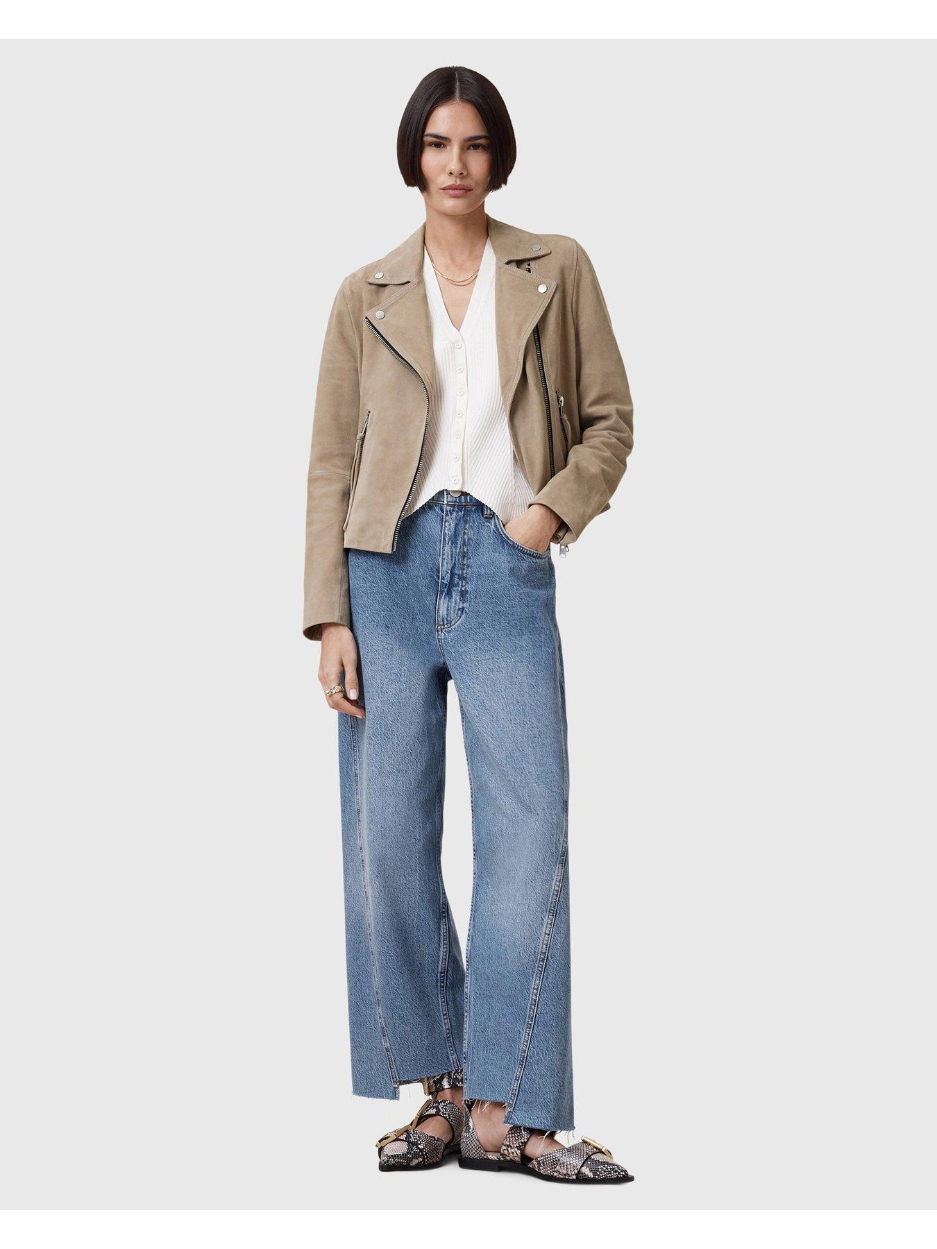 Image 3 of 6 of AllSaints Dalby Slim Fit Suede Biker Jacket - Beige