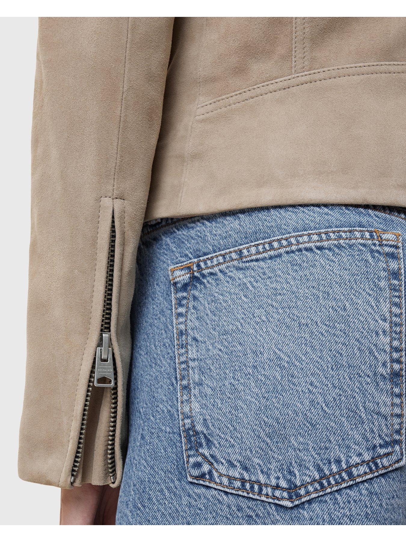 Image 5 of 6 of AllSaints Dalby Slim Fit Suede Biker Jacket - Beige