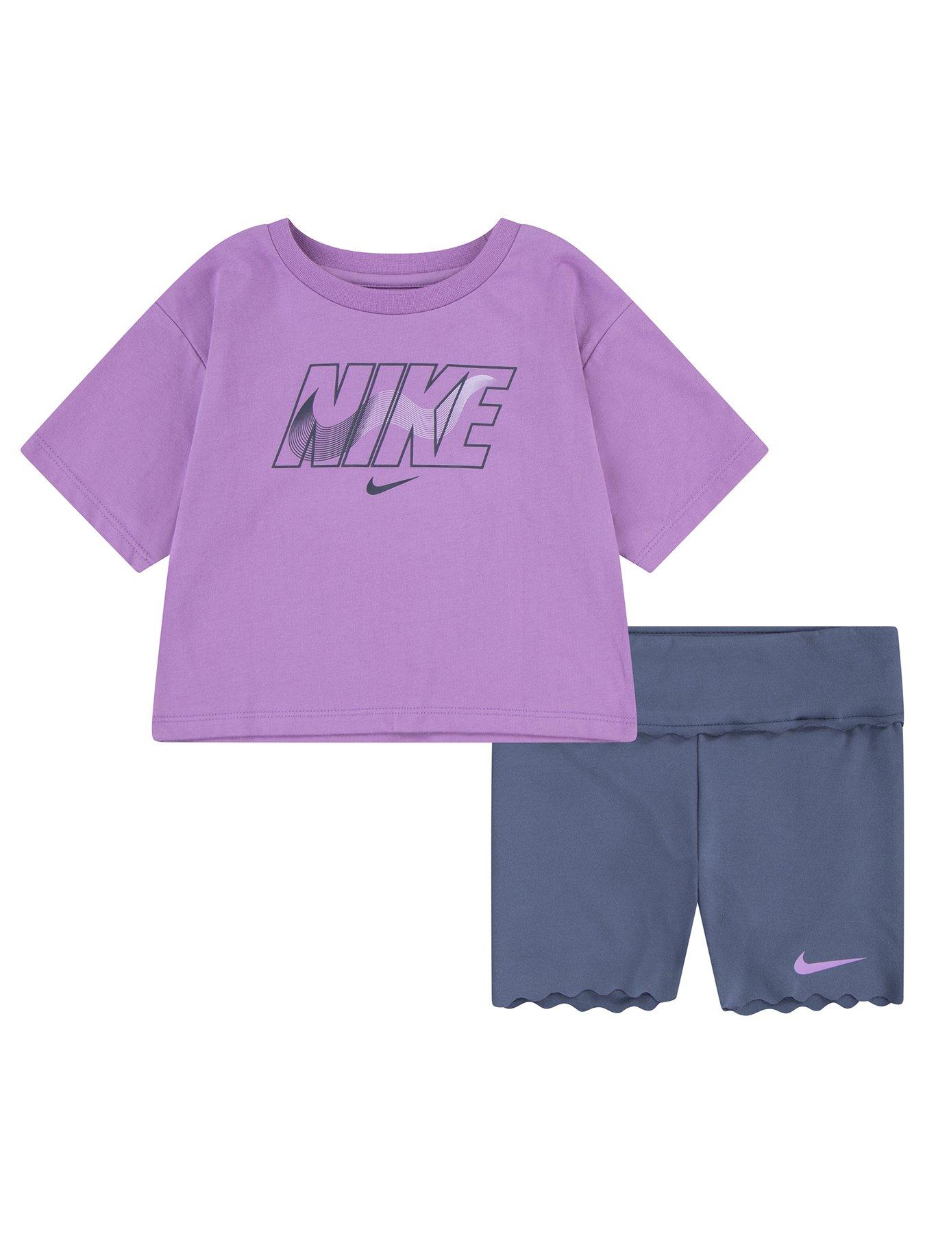 Image 1 of 4 of Nike Kids Girls Swoosh S/s T-shirt And Bike Short Set - Purple