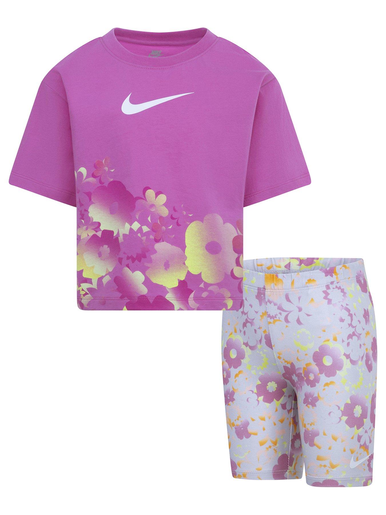 Image 1 of 4 of Nike Kids Girls Floral S/s T-shirt And Bike Short Set - Pink