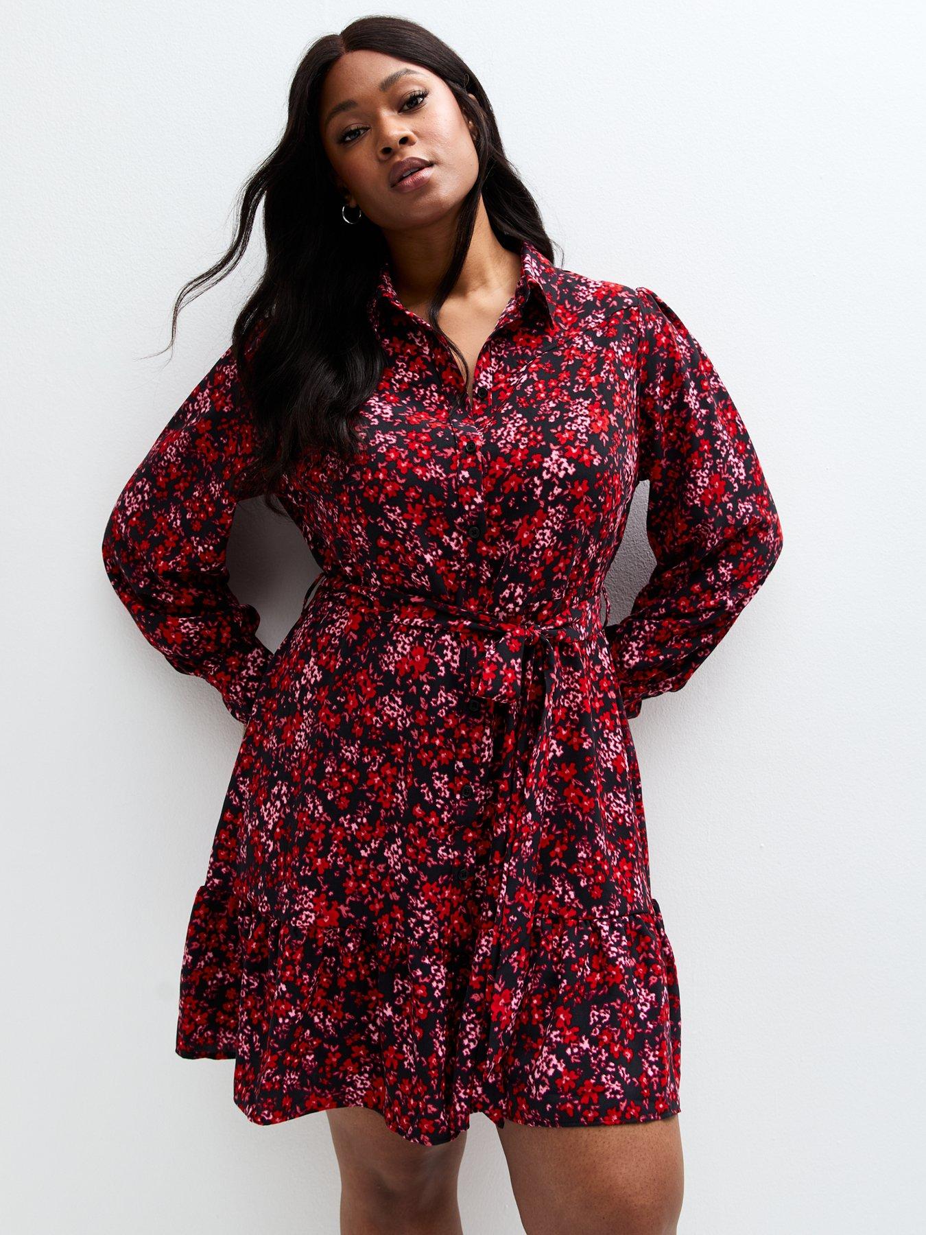 new-look-curves-red-floral-print-mini-shirt-dress