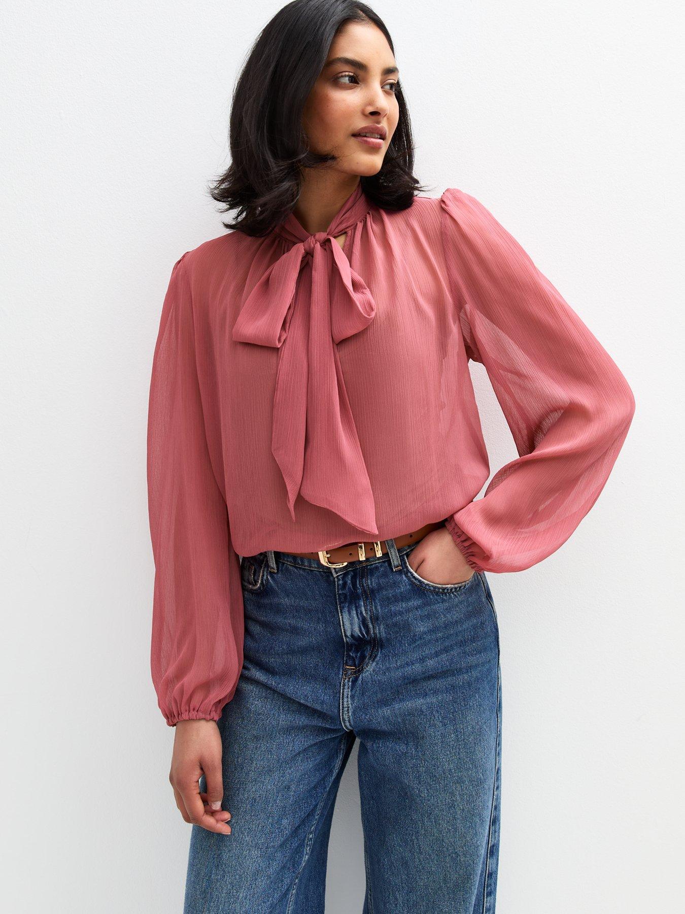 Image of New Look Crinkled Pussybow Blouse - Pink